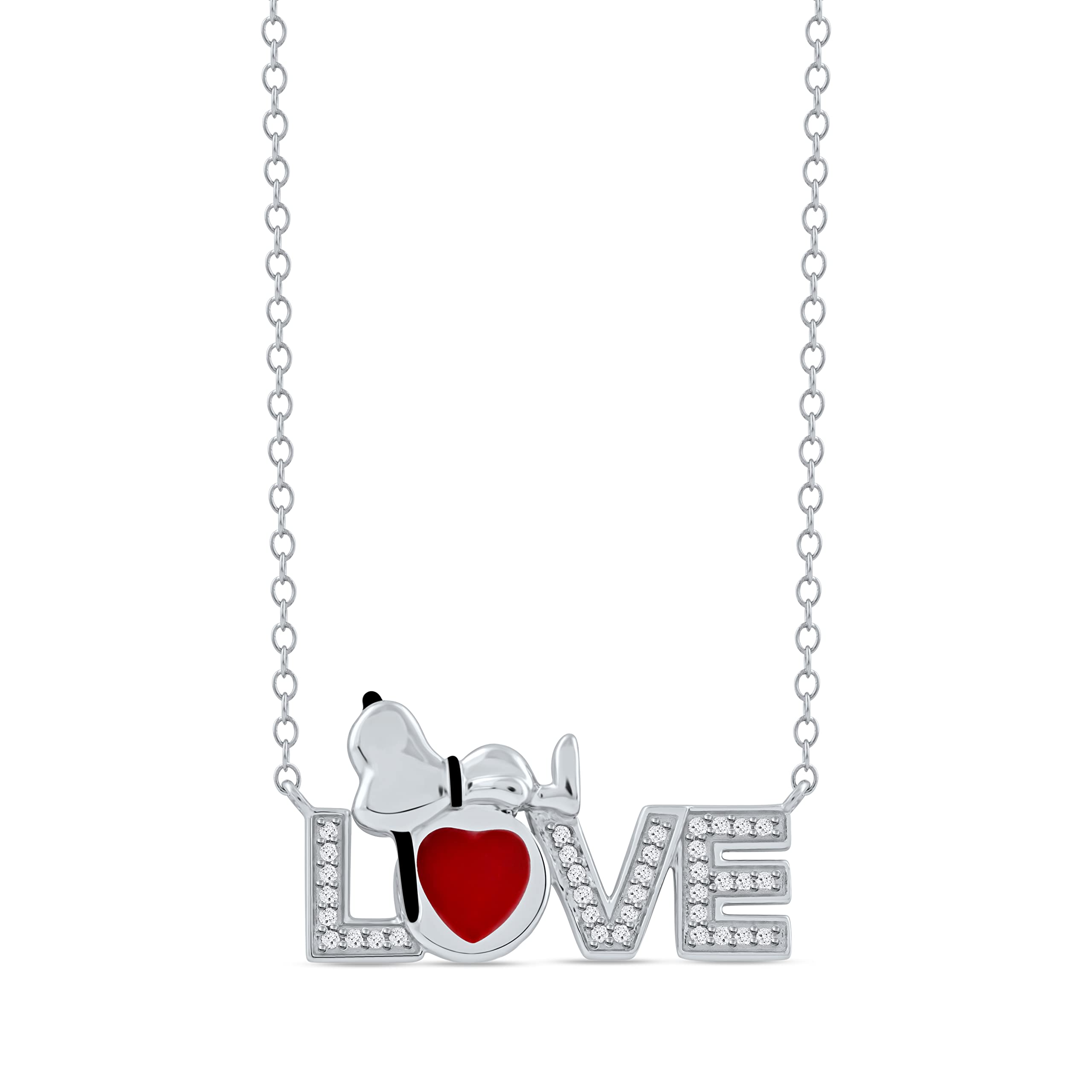 1/6 Carat Diamond Snoopy Sleeping Love Pendant Necklace in Sterling Silver with Red Enamel Heart - Romantic Gift for Women, Perfect for Valentine's Day, Anniversary & Birthday Jewelry Present