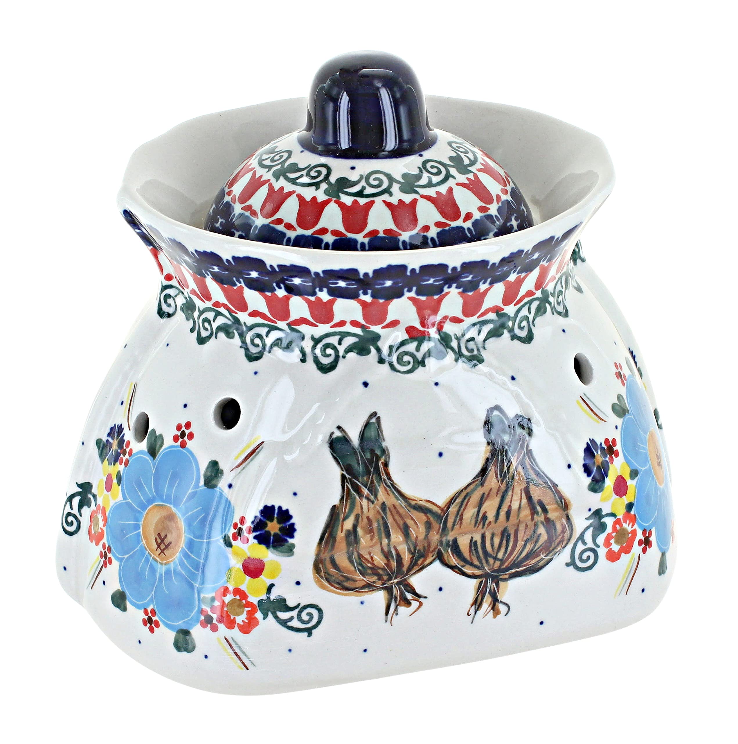Handmade Blue Rose Polish Pottery Kristi Garlic Keeper - Airtight Ceramic Storage for Fresh Garlic - Perfect for Kitchen Countertop, Pantry & Farmhouse Decor