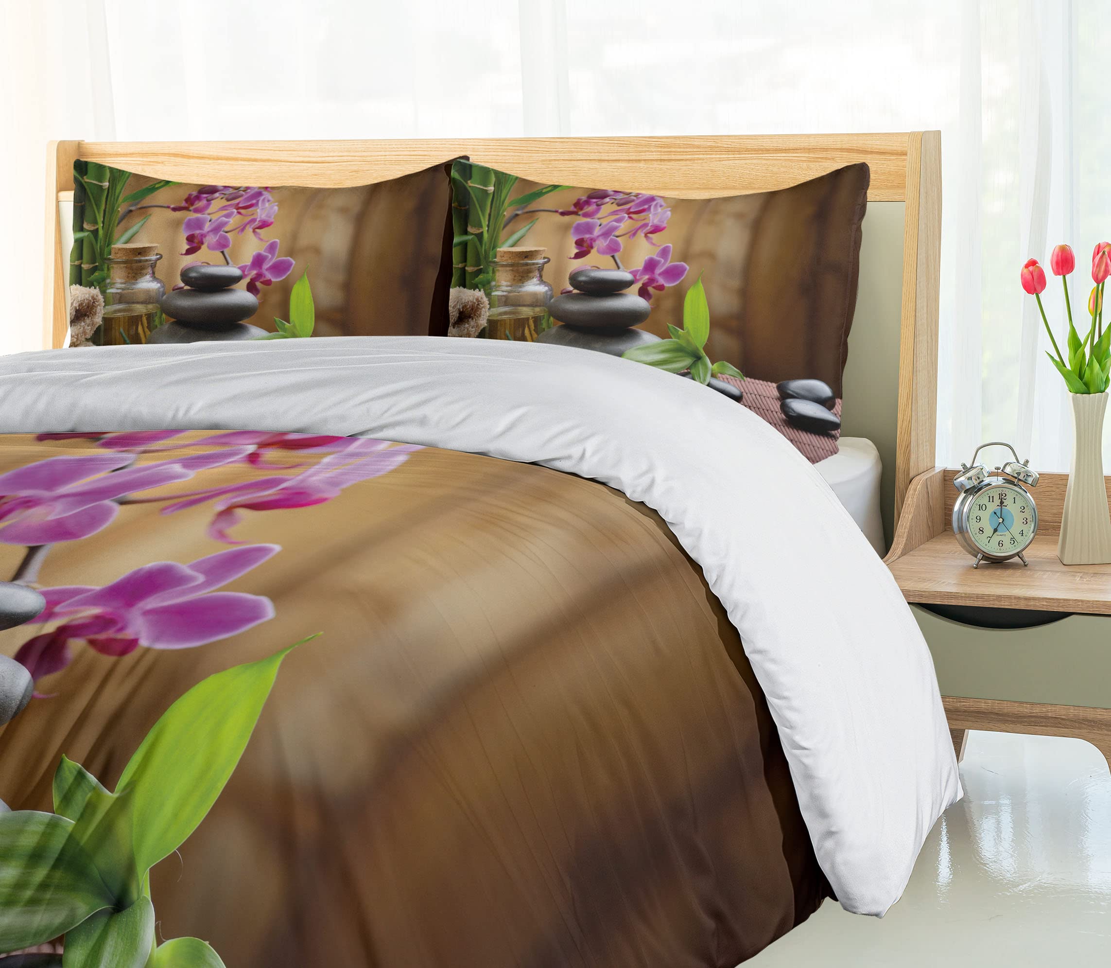 Ambesonne Spa Duvet Cover Set 3-Piece - Warm Welcoming Spa Design with Healing Stones, Candles & Floral Print - California King Size Bedding Set with 2 Pillow Shams in Purple, Black & Green - Perfect for Relaxing Bedroom Retreat & Spa-Themed Home Decor
