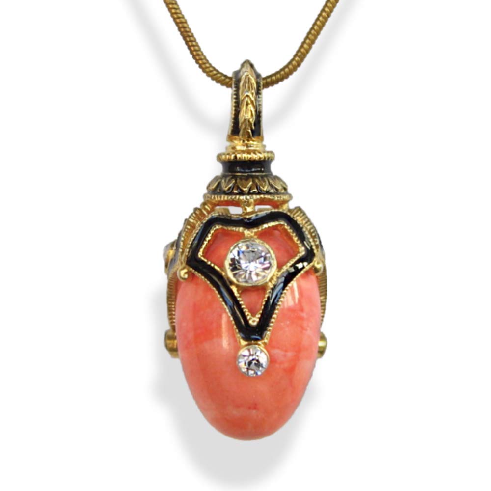 Elegant Sterling Silver Necklace with Coral Egg Pendant, Crystals & Enamel Gold Plating - 24-inch Chain for Women | Perfect for Gifts, Weddings & Special Occasions