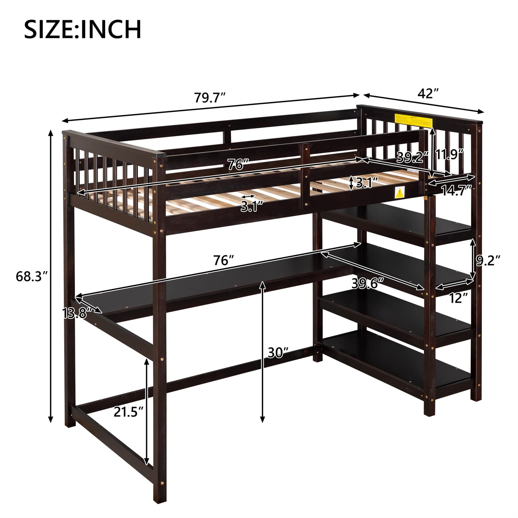 Bellemave Twin Loft Bed with Desk & Bookshelf - Wooden Bunk Bed with 4 Storage Shelves for Kids, Teens, Boys & Girls - Space Saving Dorm Furniture for Small Rooms (Espresso Finish) - Perfect for Bedrooms, College Dorms & Studio Apartments