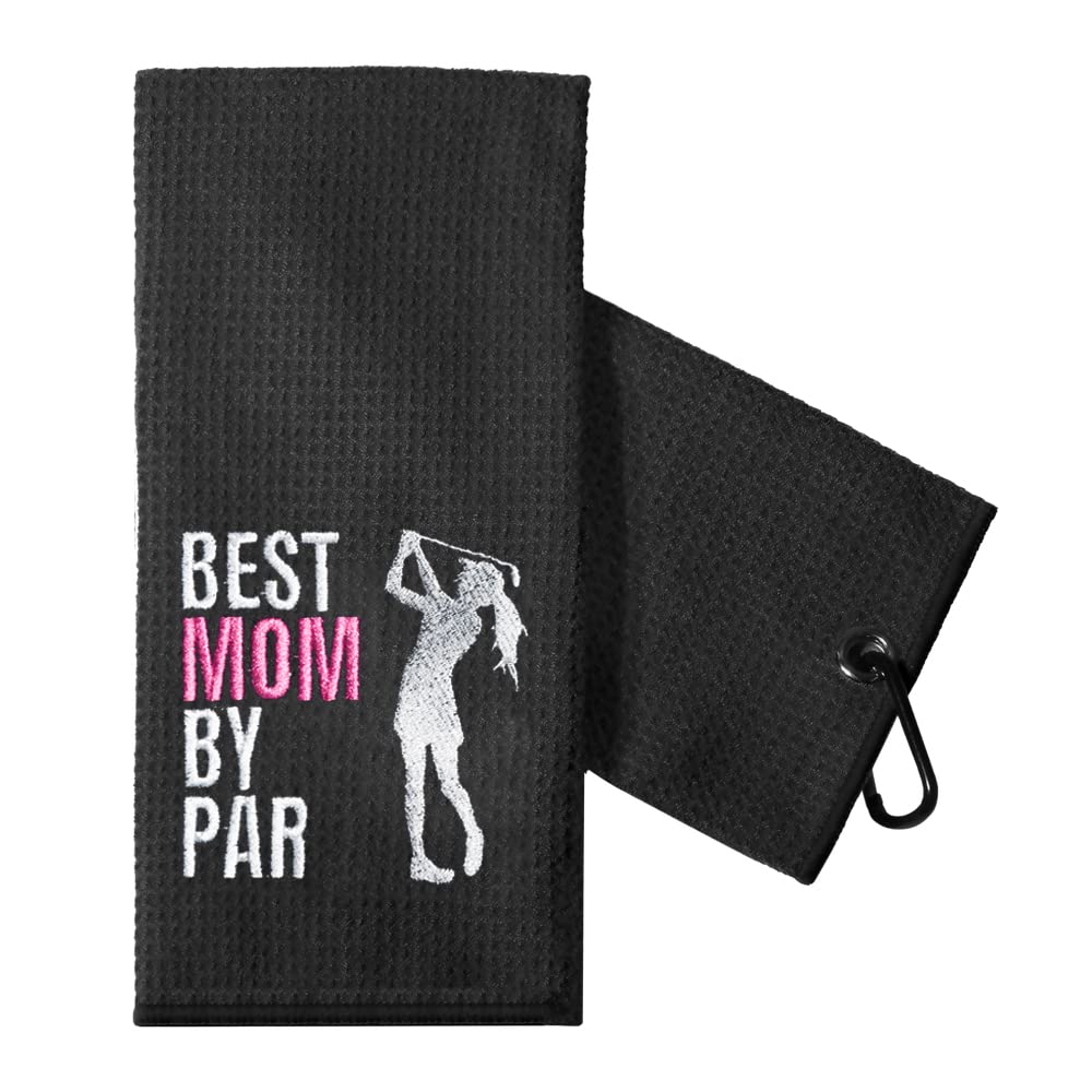 Funny Golf Towel Gift for Women - Best Mom by Par Embroidered Golf Towel with Clip - Perfect Retirement Gift for Female Golfers & Golf Bag Accessory - Great for Courses, Driving Range & Club Tournaments