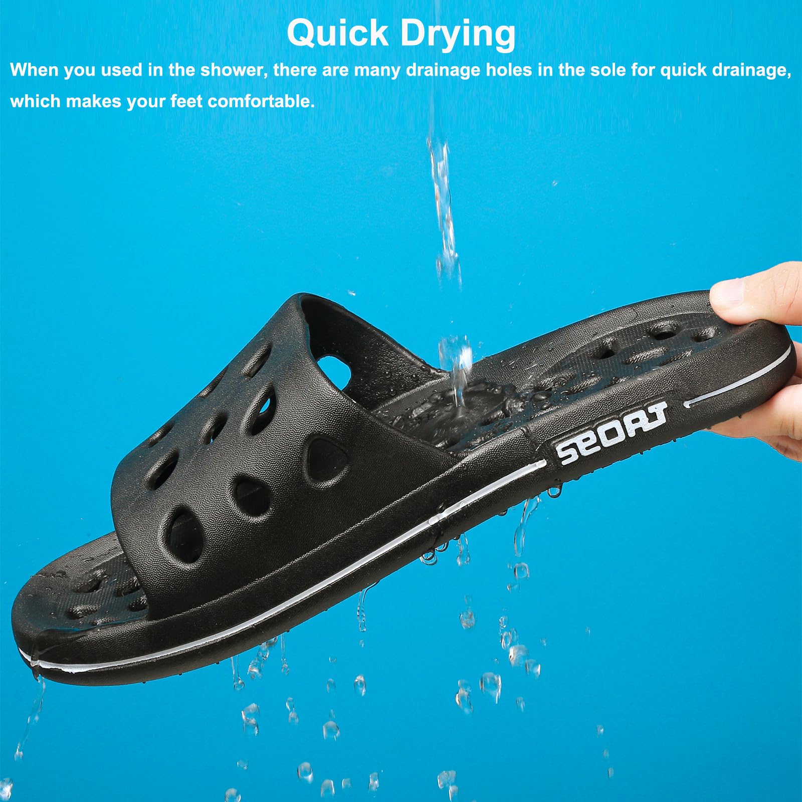 FINLEOO Quick-Drying Shower Sandals with Drainage Holes - Non-Slip Bathroom Slippers, Gym & Spa Sandals for Men & Women - Soft Sole Open-Toe House Slippers for Bath, Poolside & Indoor Use