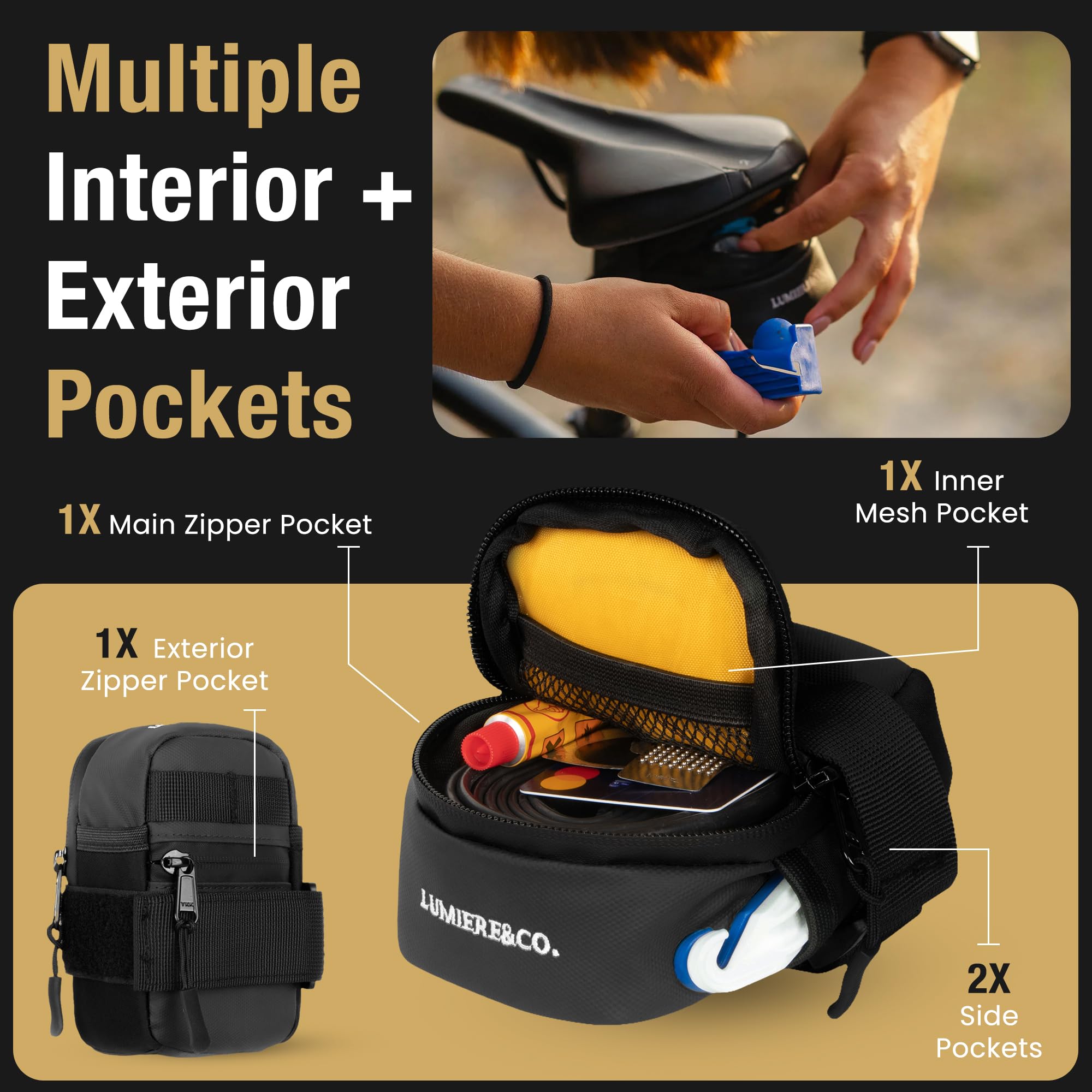 Lumiere & Co. Waterproof Bike Saddle Bag - Lightweight Under Seat Storage for Road & Mountain Bikes - Perfect for Tools, Phone & Essentials - Cycling Accessories for Commuting & Outdoor Adventures