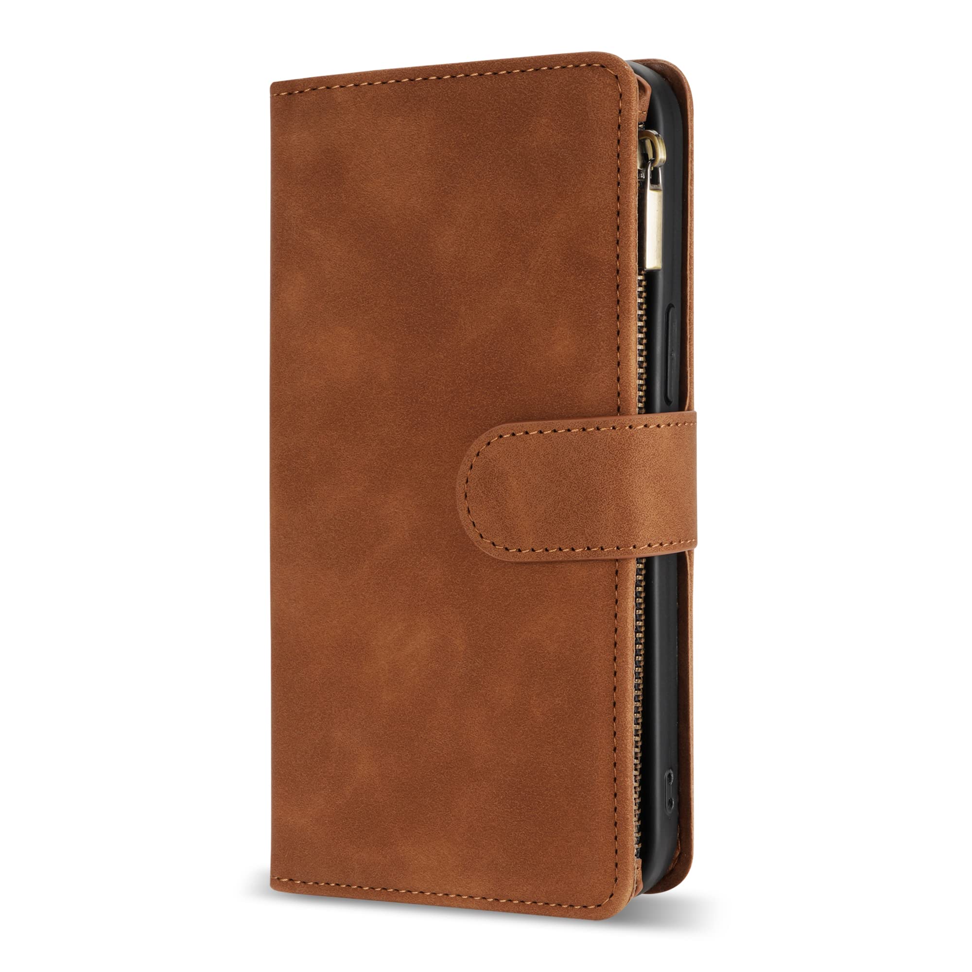 Premium Soft PU Leather Zipper Flip Wallet Case for iPhone 12 Pro Max (6.7 inch) - Card Slots, Wrist Strap & Kickstand | Protective Folio Cover for Everyday Use, Travel & Business (Brown)