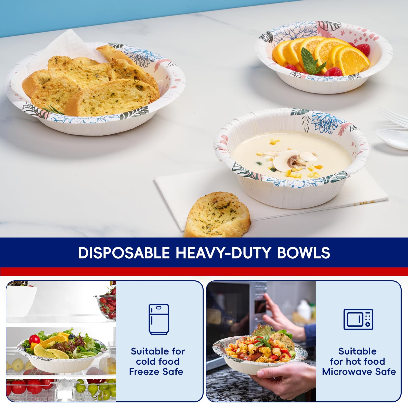 JOLLY CHEF 160 Count 20 oz Disposable Paper Bowls - Heavy Duty, Leak Proof & Microwave Safe - Floral Design for Parties, Picnics, Catering & Everyday Meals