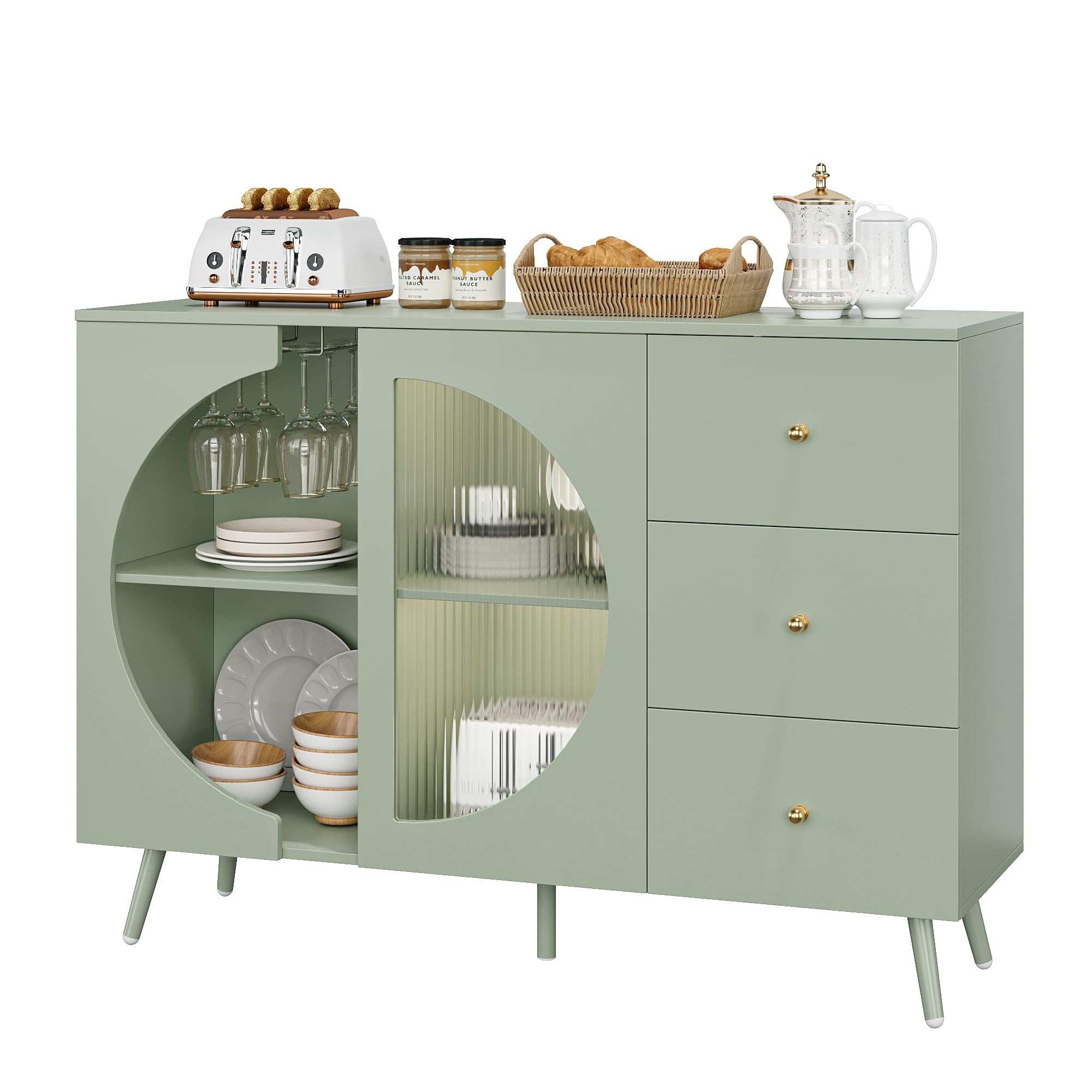 Modern Cream Coffee Bar Cabinet with Fluted Glass Door & Wine Glass Rack - Buffet Sideboard with Storage Drawers for Living Room, Kitchen or Dining Room - Elegant Green Home Furniture for Entertaining & Display