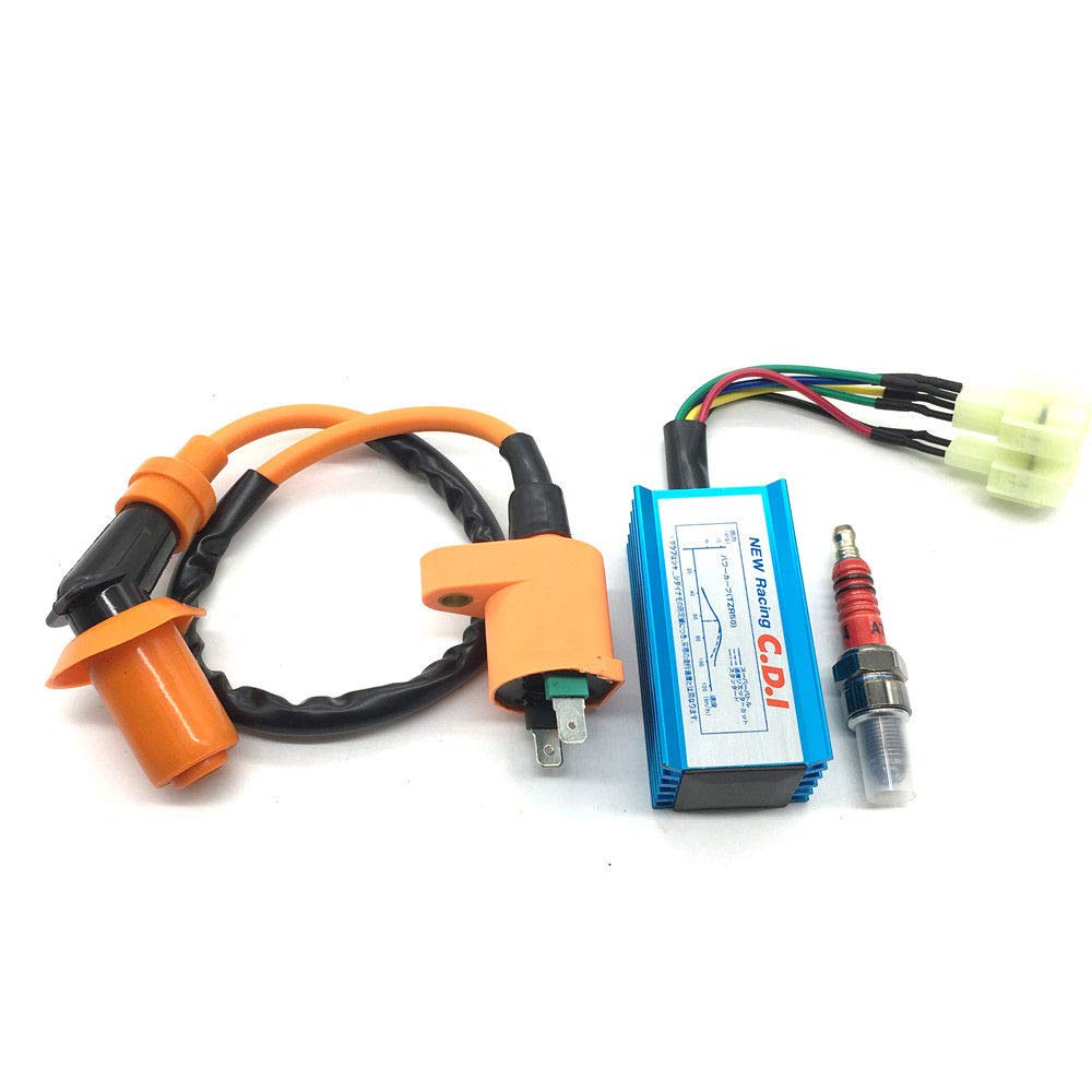 High Performance 6-Pin CDI Ignition Coil & Spark Plug Set for Gy6 150cc/125cc/50cc 4-Stroke Engines - Compatible with Scooters, ATVs, Go Karts, Mopeds, Quads, Pit Bikes & Dirt Bikes - Enhances Acceleration & Engine Power for Racing & Off-Road Adventures