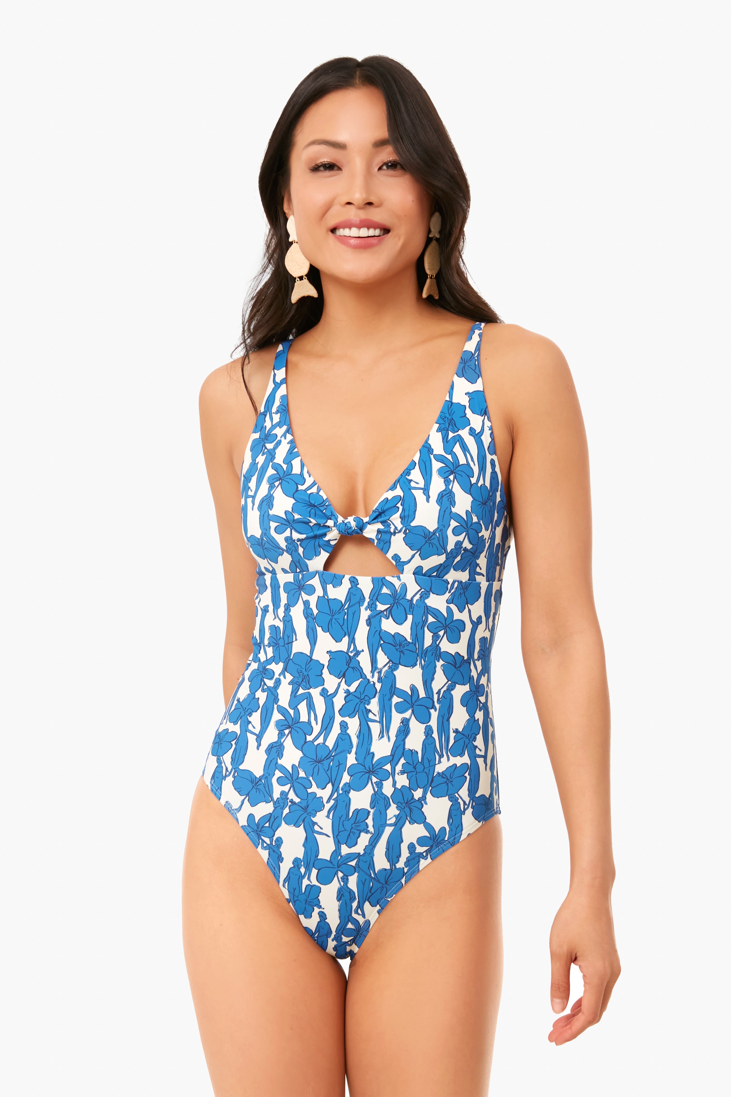 Blue Hibiscus Printed Knot One Piece Swimsuit - Stylish & Comfortable for Beach, Pool & Summer Vacations