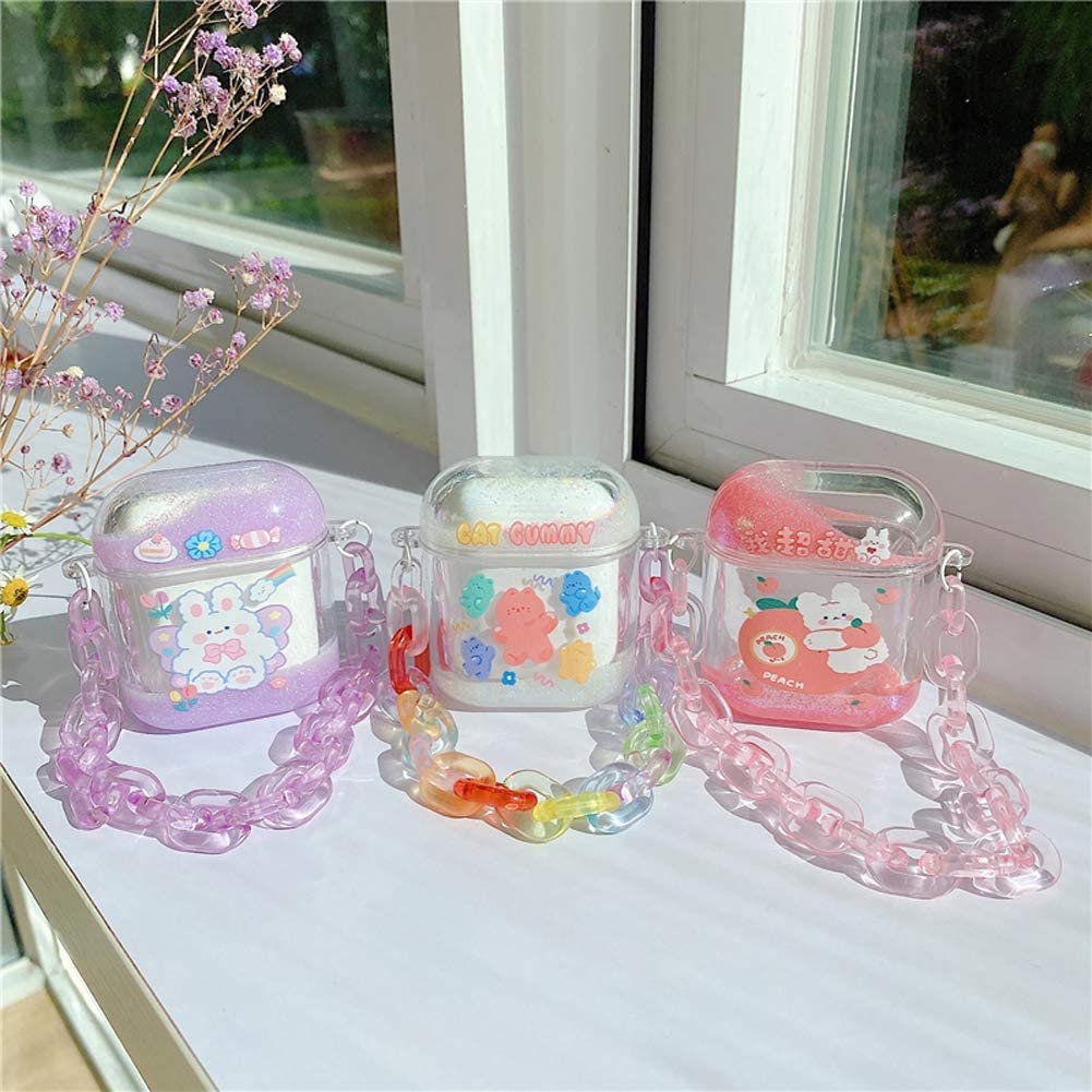 Cute Kawaii Clear Liquid Sequins AirPods 3 Case - Hard Protective Cover with Color Chain for Wireless Charging | Bunny Peach Design for Teens Girls & Women | Perfect for School, Travel & Everyday Use