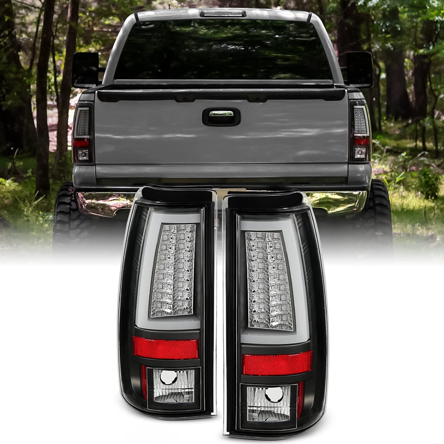 AKKON Black V2 LED Tail Lights Brake Lamps Pair for 2003-2006 Chevy Silverado & 2005-2007 Silverado Hybrid Pickup Truck - Enhanced Visibility & Style for Night Driving & Off-Road Adventures