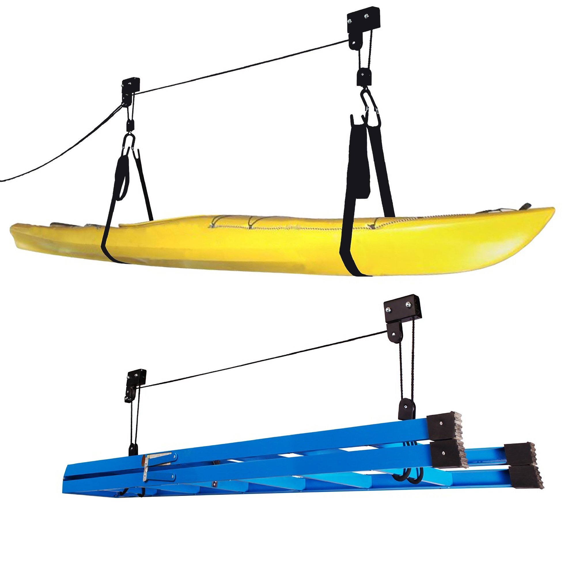 Premium RAD Sportz Kayak Hoist 2-Pack - Heavy Duty 125 lb Capacity Canoe & Kayak Storage System with Pulley - Perfect for Garage, Shed or Boat House Organization - Also Works as Ladder Lift for Multi-Purpose Use