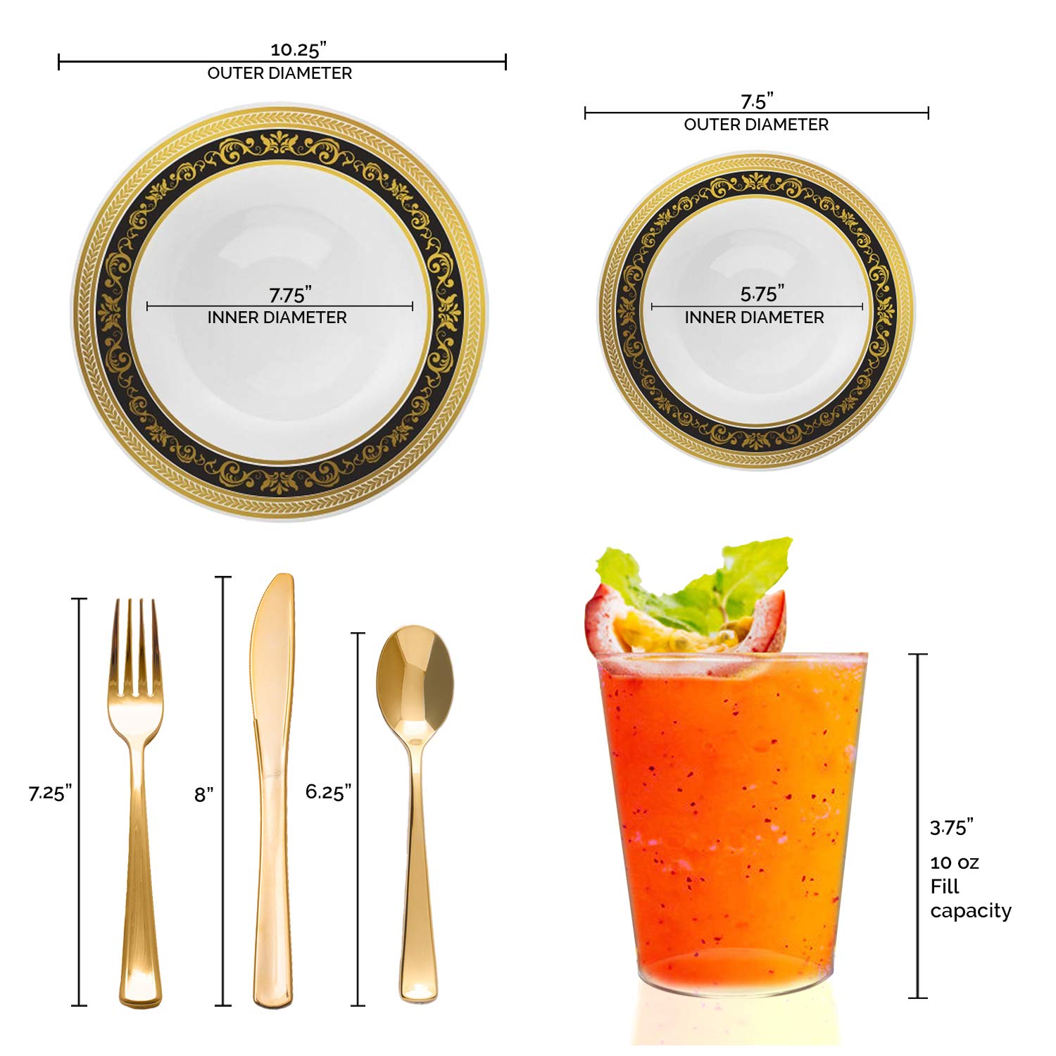 Premium Disposable Plastic Dinnerware Set for 60 Guests - Elegant White with Black & Gold Trim Plates, Dessert Plates, Cutlery & Cups - Perfect for Weddings, Birthdays, Parties & Special Events - Ideal for Upscale Catering, Outdoor Gatherings & Formal Celebrations