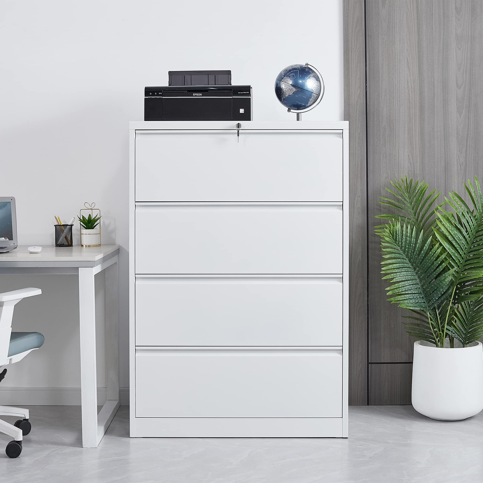 OUYESSIR 4-Drawer Lateral File Cabinet with Lock - Wide Steel Filing Cabinet for Home Office - Anti-Tilt Design with Hanging Drawer - Fits Letter, Legal, A4 & F4 Size Files - Black/White - Perfect for Organizing Documents in Office, Study or Home Workspace