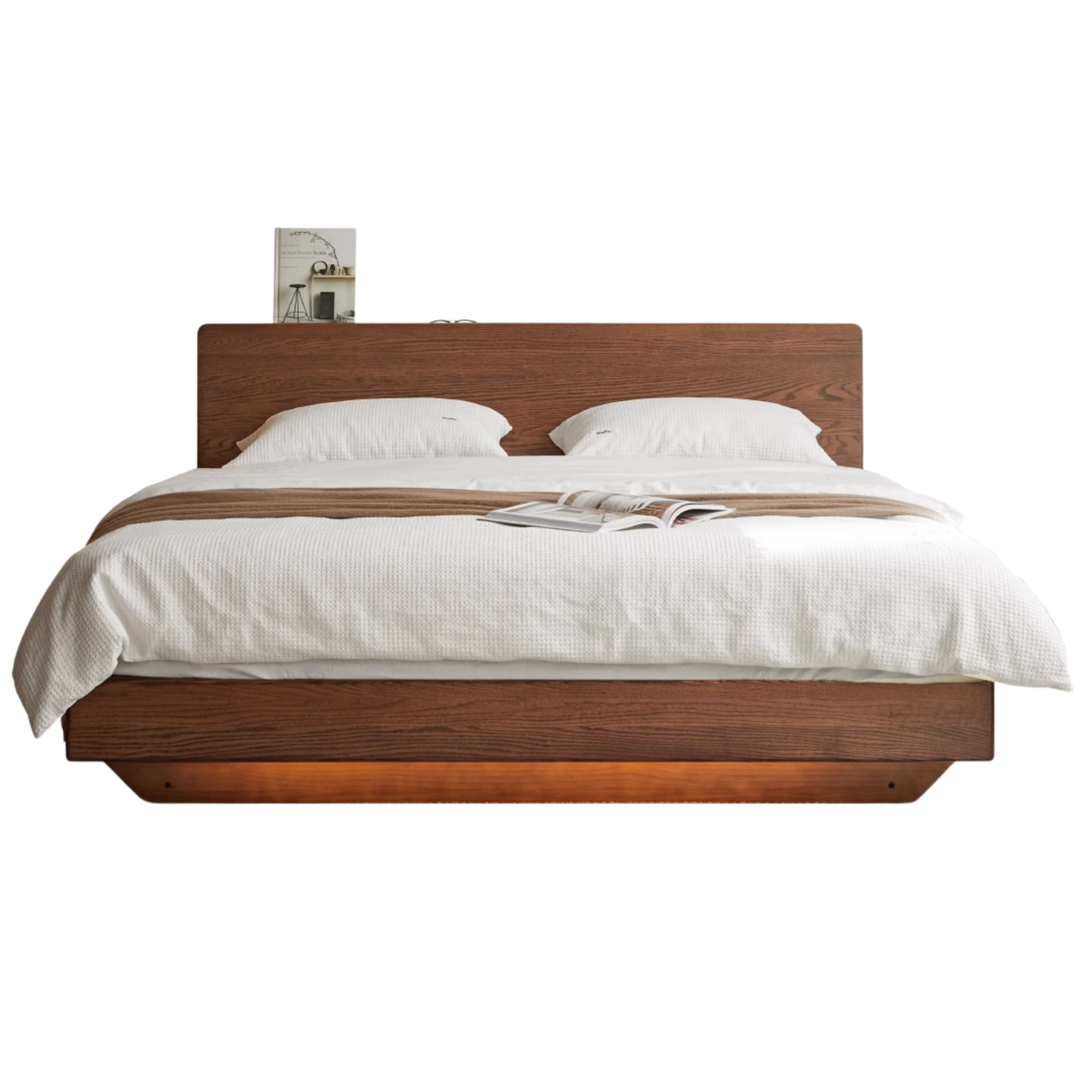 Walnut color Oak Low bed luminous box bed (enhanced pine wood planks)