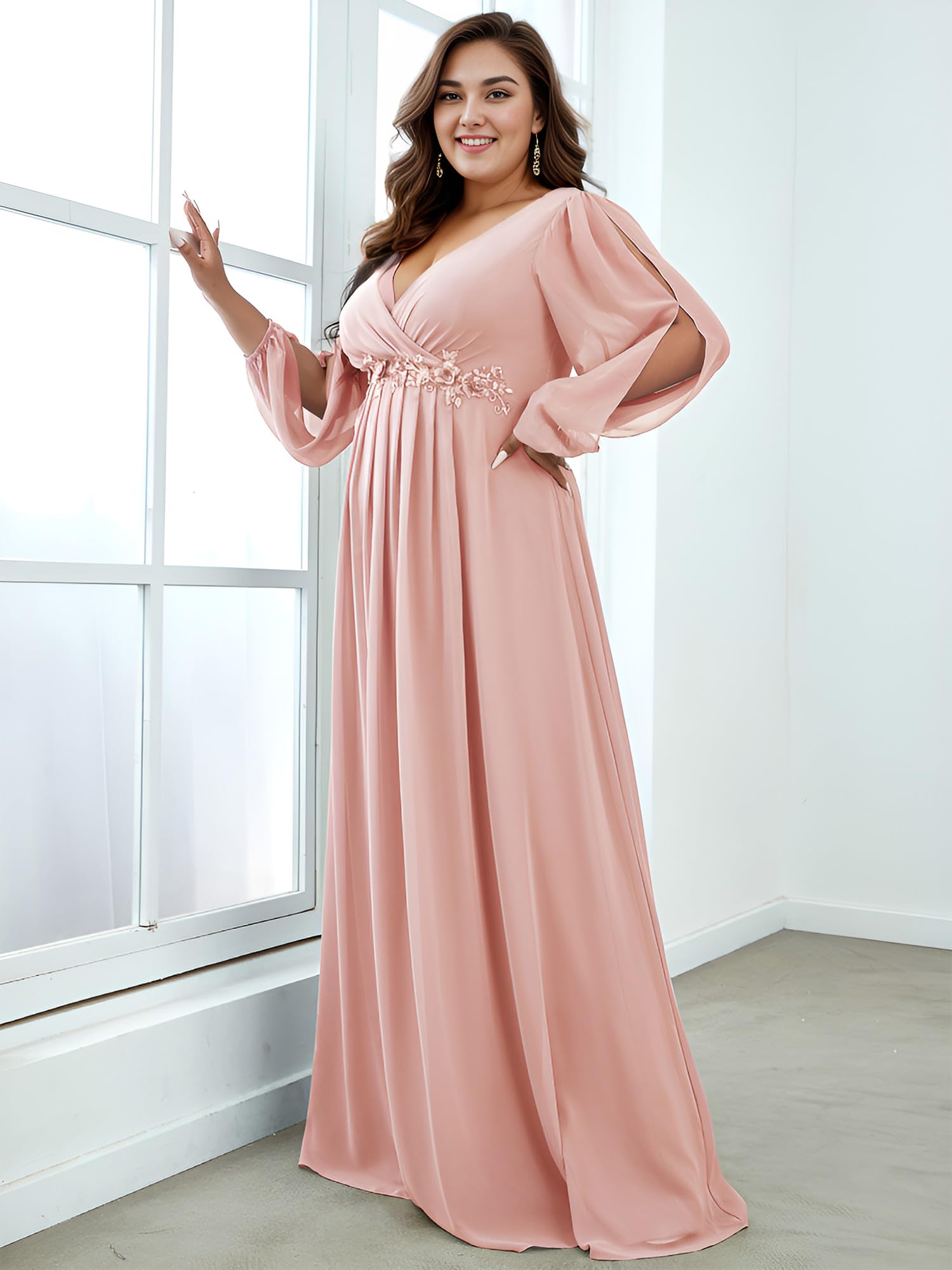 Ever-Pretty Plus Size Women's Formal Dress - Floor Length V-Neck Floral Applique Lantern Sleeve Gown for Curvy Women | Wedding Guest, Prom, Evening Party, Special Occasion