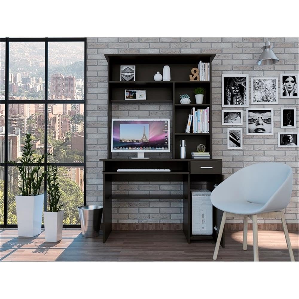 TUHOME Black Compu 180 Hutch Wood Desk for Home Office