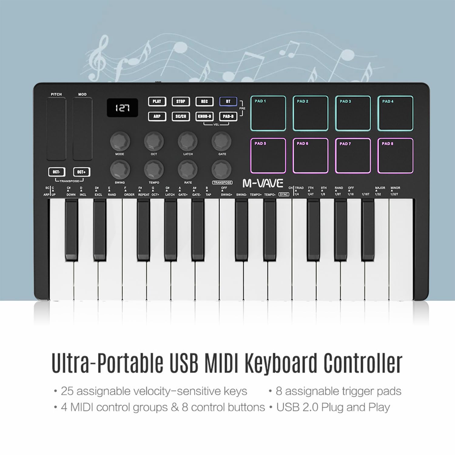 M-VAVE 25 Key USB MIDI Keyboard Controller with 8 Backlit Drum Pads - Wireless Semi-Weighted Professional Dynamic Keybed, 8 Knobs & Included Software - Perfect for Music Production, Home Studio Recording & Live Performances