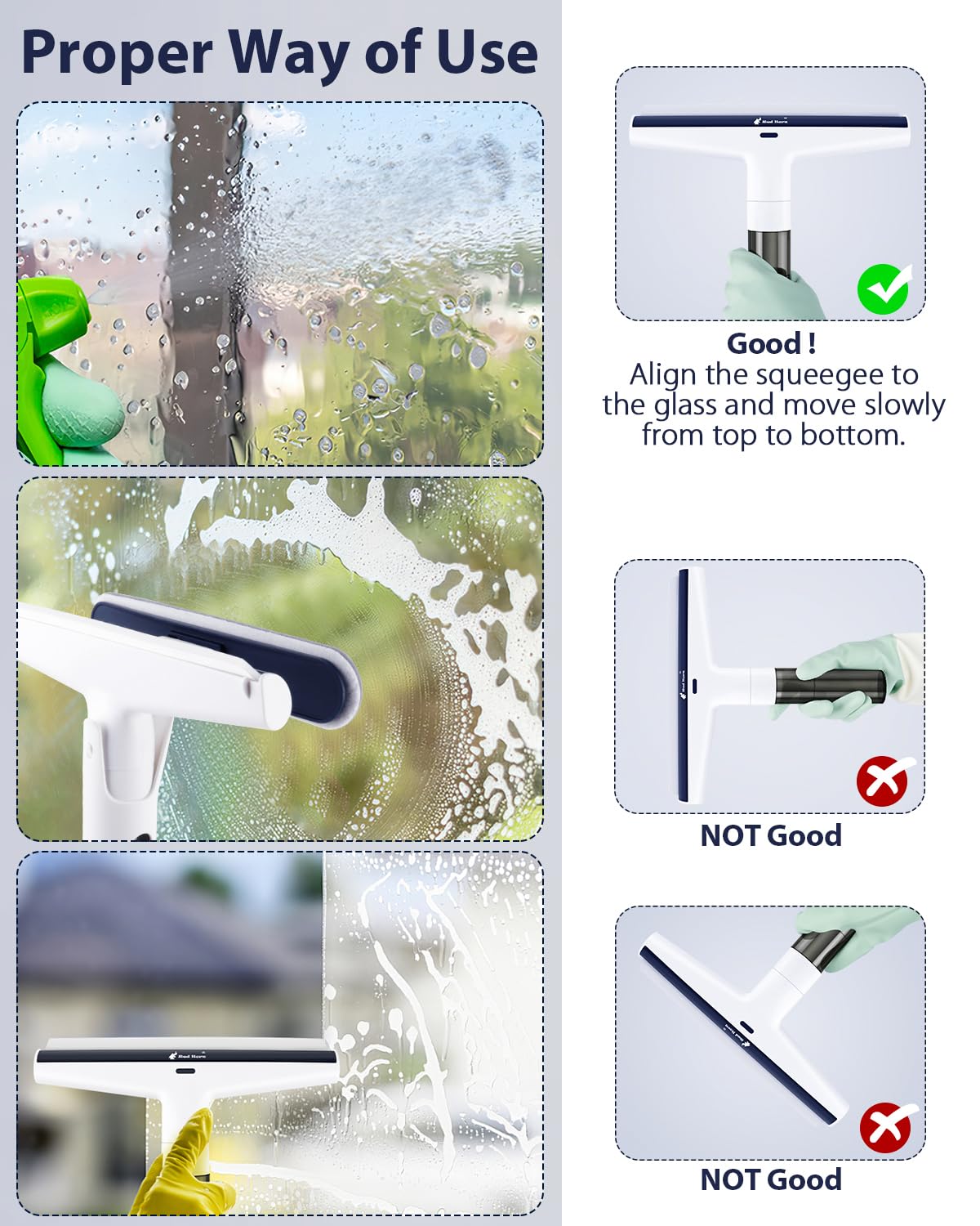 Red Horn Window Squeegee with Long Handle - Professional Mirror & Glass Cleaning Kit with Washable Microfiber Pad & Replacement Blade - Perfect for Windows, Walls, Mirrors, Shower Doors (White) - Ideal for Home, Office, and Commercial Use