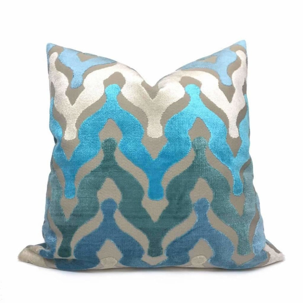 Kittredge Ogee Waves Turquoise Blue Cream Beige Cut Velvet Pillow Cover - Luxurious Decorative Throw Pillow Case for Sofa, Bedroom, Living Room