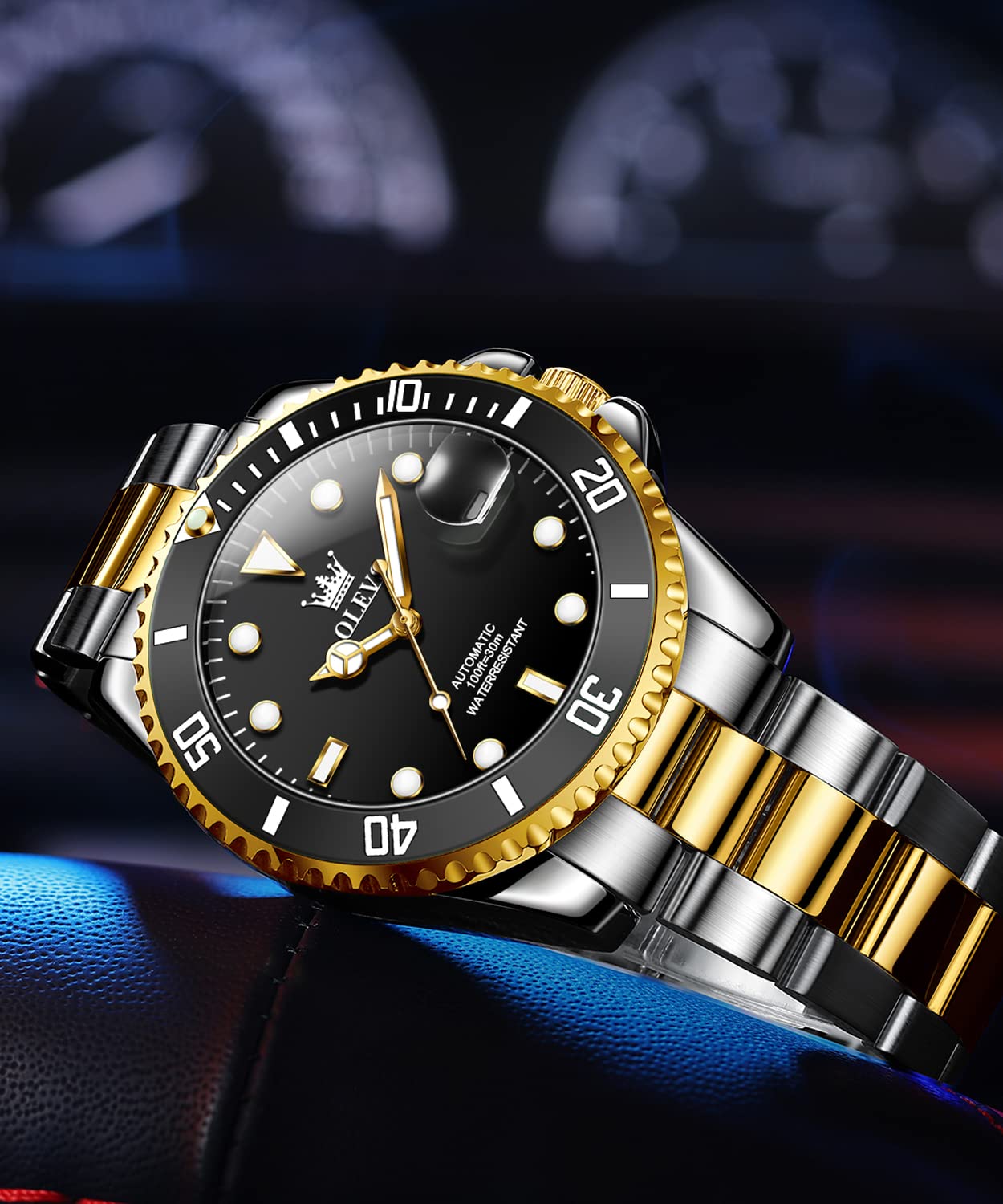 OLEVS Men's Automatic Self-Winding Mechanical Watch - Gold/Silver Stainless Steel Luxury Dress Watch with Big Face, Date Window, Waterproof & Luminous Rotating Bezel - Perfect for Business, Formal Events & Everyday Wear