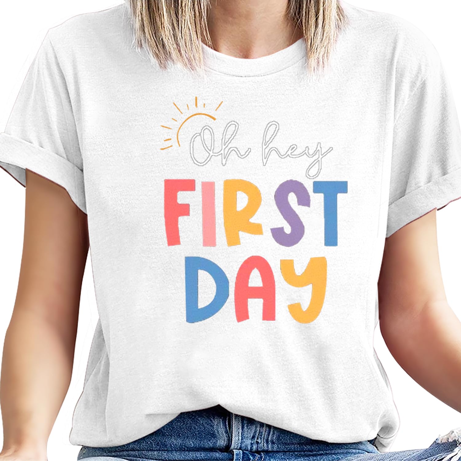 Happy First Day of School Teacher Shirts for Women - Cute Sunny Graphic Tee - Perfect Teacher's Day Gift & Back to School Apparel - Great for Classroom, Teacher Appreciation Week & Casual Wear