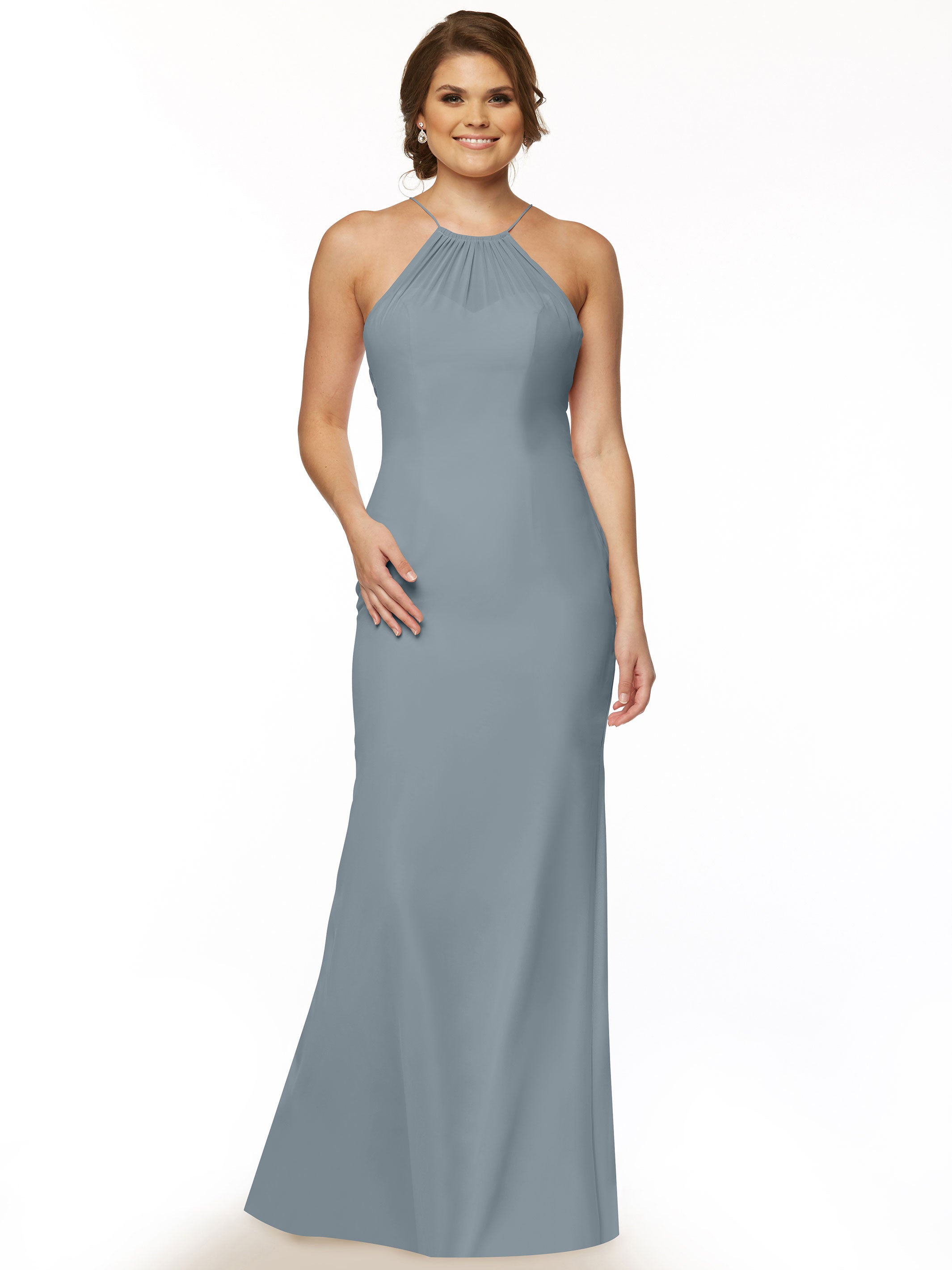 Elegant 80083 Fit and Flare Chiffon Bridesmaid Dress with Halter Neckline - Perfect for Weddings, Formal Events & Special Occasions