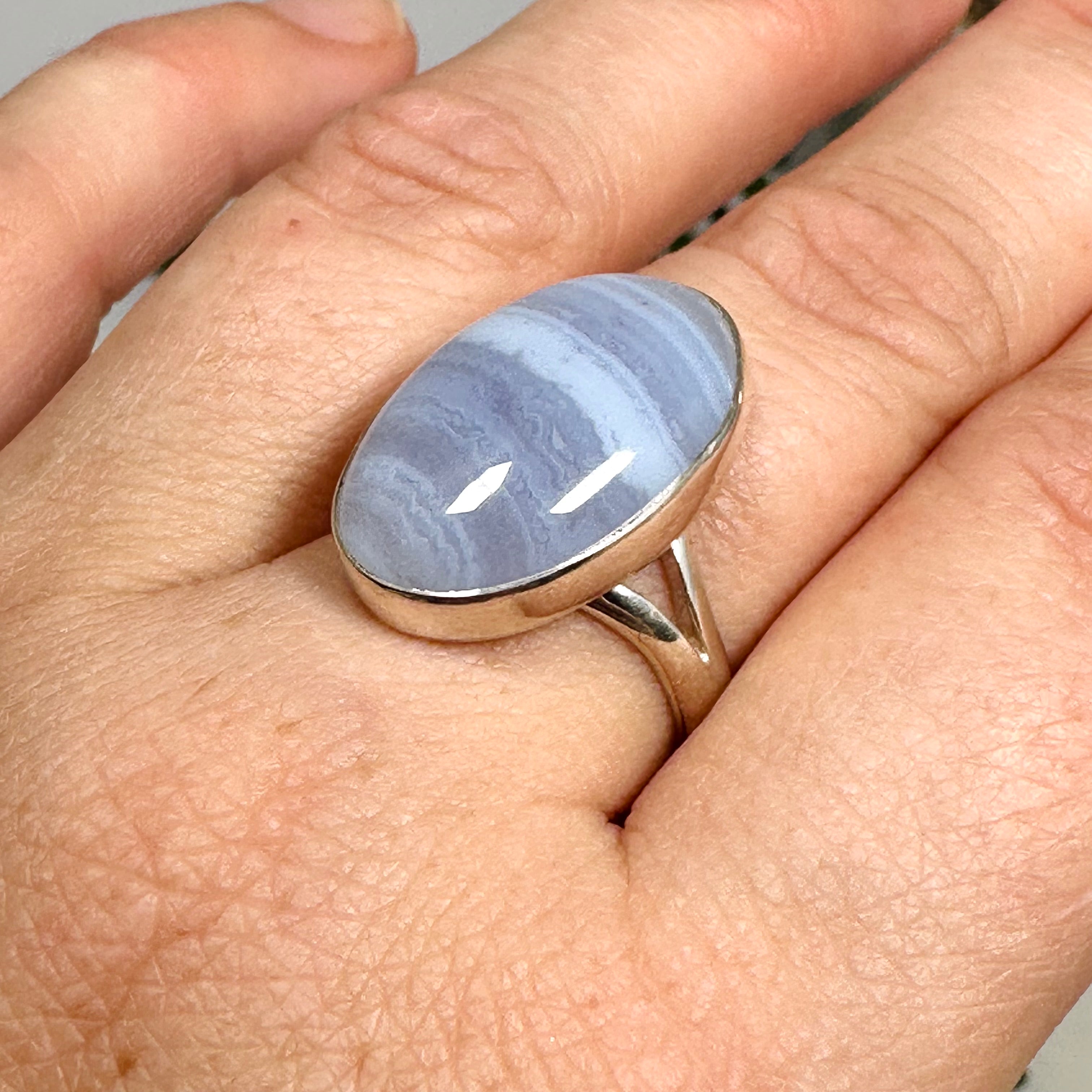 Blue Lace Agate Oval Cabochon Ring - Size 8 - KRGJ3377 - Elegant Handmade Jewelry for Women, Perfect for Weddings, Parties & Everyday Wear