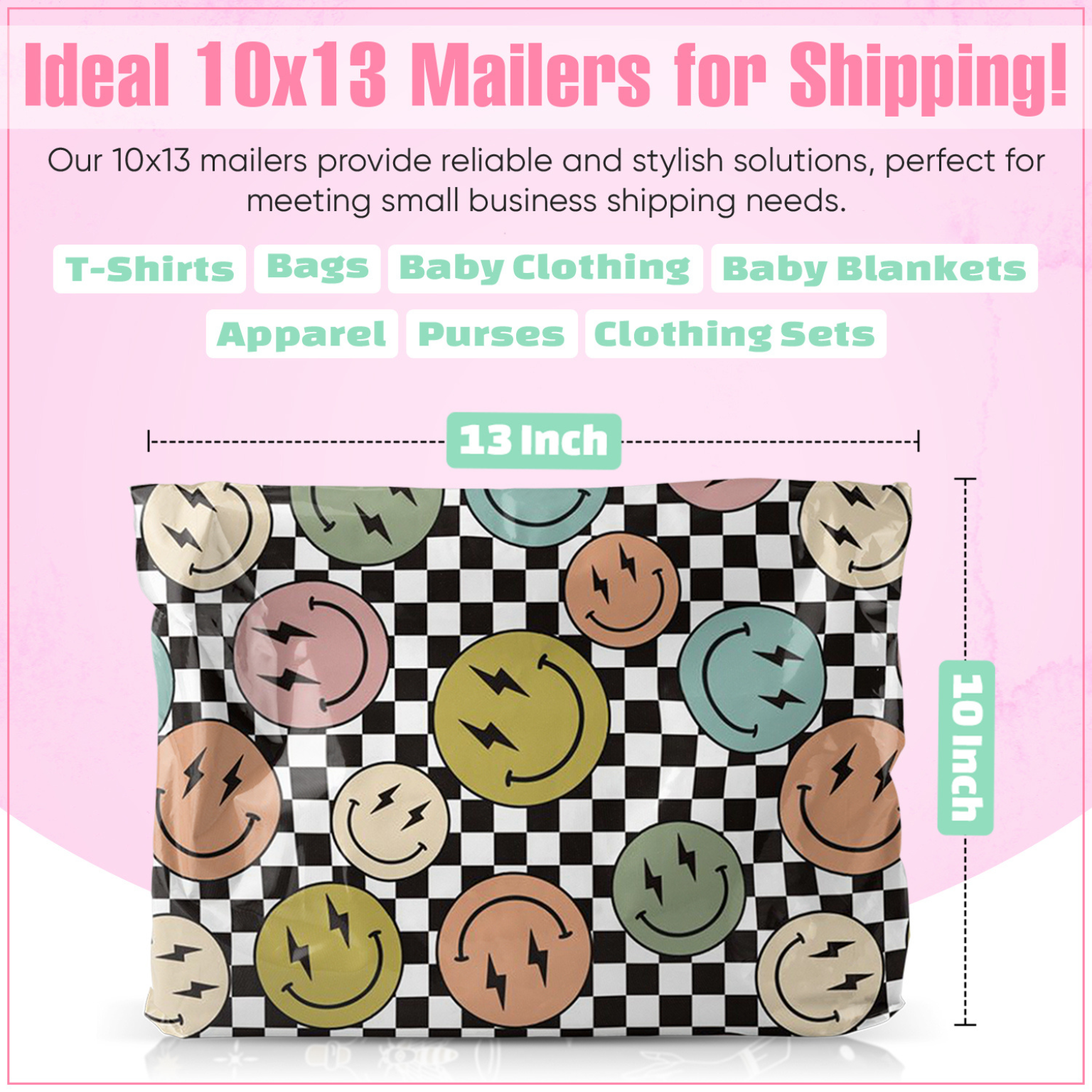25 Pack Smile Face Polymailers 10x13 Inches - Waterproof & Tear-Resistant Shipping Envelopes for Ecommerce, Small Business & Online Sellers