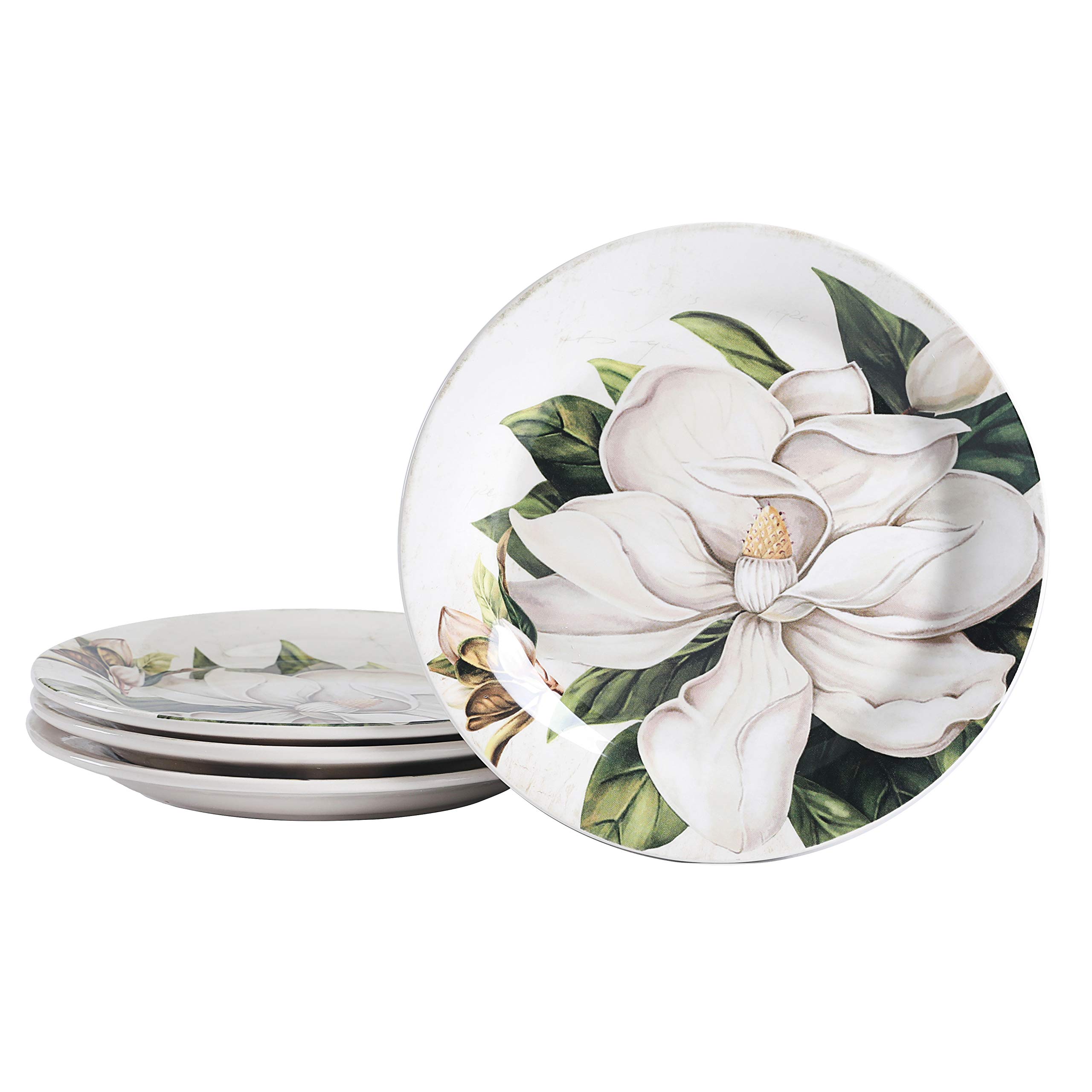 Bico Magnolia Floral Ceramic Salad Plates Set of 4 - 8.75 Inch Elegant Dinnerware for Salads, Appetizers, Desserts | Microwave & Dishwasher Safe | Perfect for Dinner Parties, Bridal Showers & Home Decor