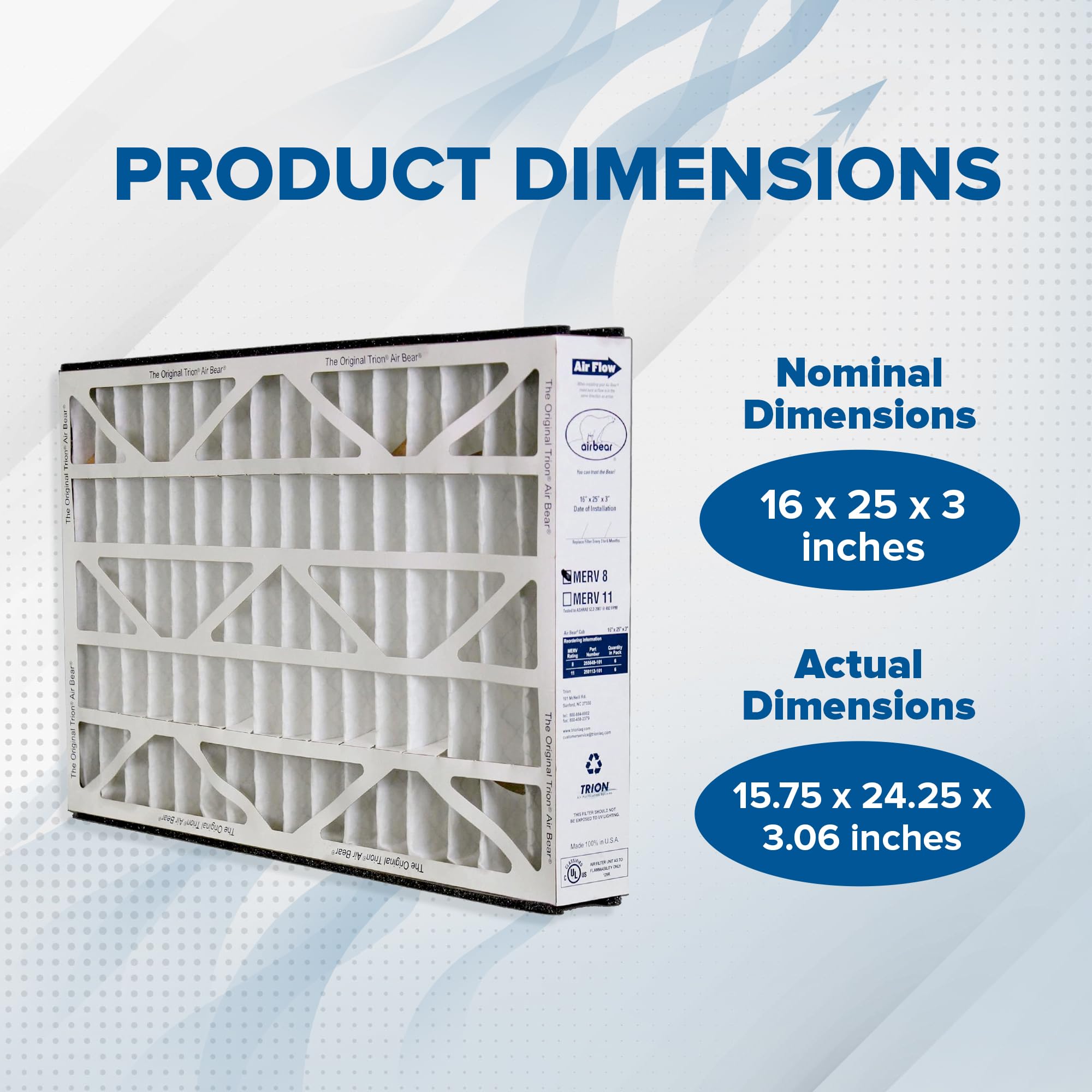 Trion 255649-101 Air Bear 16x25x3 Inch MERV 8 Replacement Air Filters (6 Pack) - Compatible with Air Bear Supreme, Right Angle & Cub Air Purifiers - Perfect for Home, Office & HVAC Systems