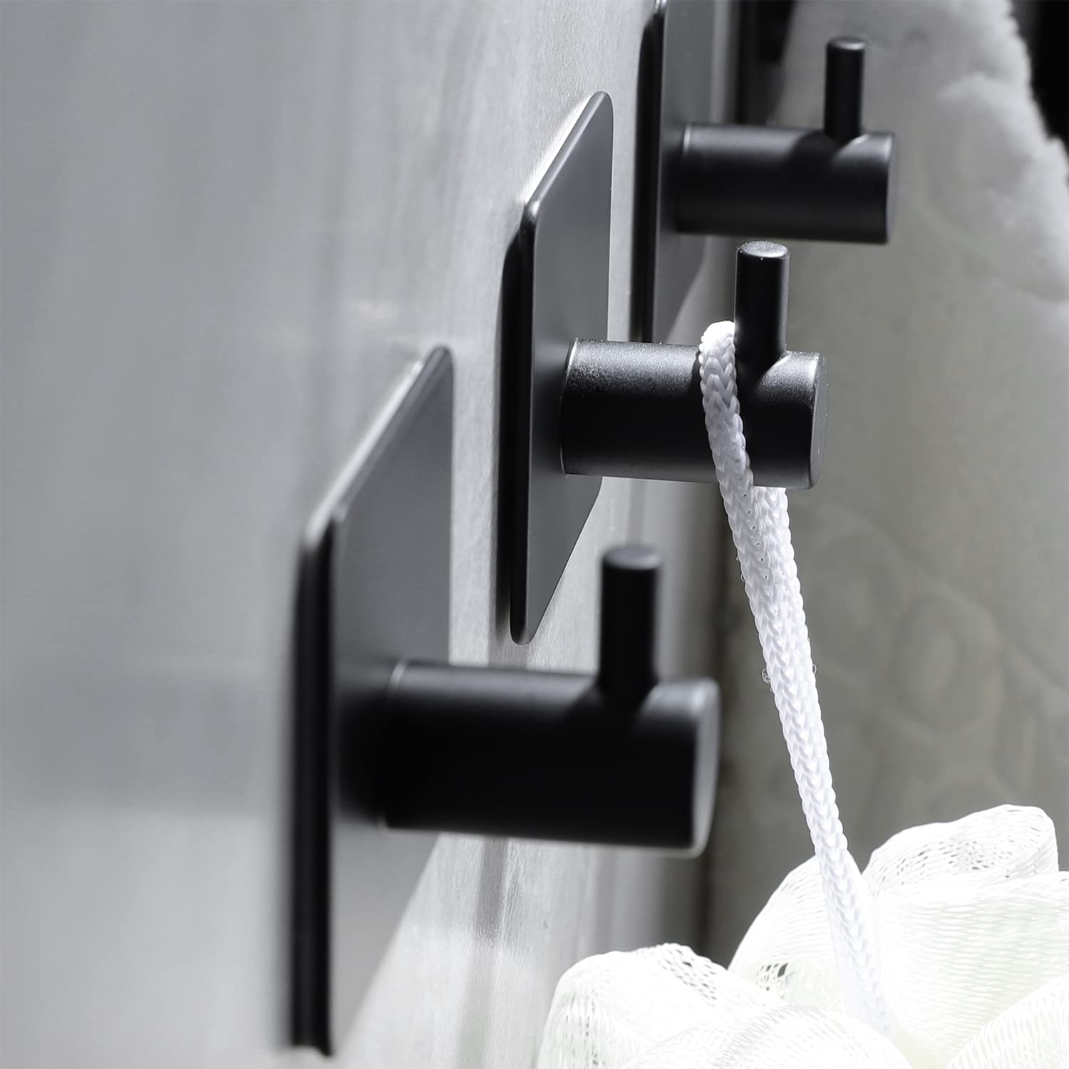 No Drill Stainless Steel Adhesive Towel Hooks - 4 Pack Black Matte Wall Hooks for Kitchen, Bathroom & Home Organization - Strong Self-Adhesive Holds Towels, Robes & Utensils Without Damage