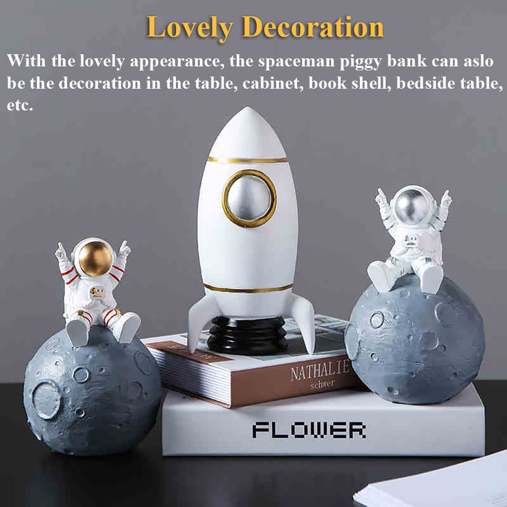 Space Man Piggy Bank - Creative Astronaut Money Box for Kids, Vinyl Moon Coin Bank with Space Shuttle Design, Aerospace Themed Decorative Savings Bank (Silver) - Perfect for Kids' Room Decor, Birthday Gifts & Space Theme Parties