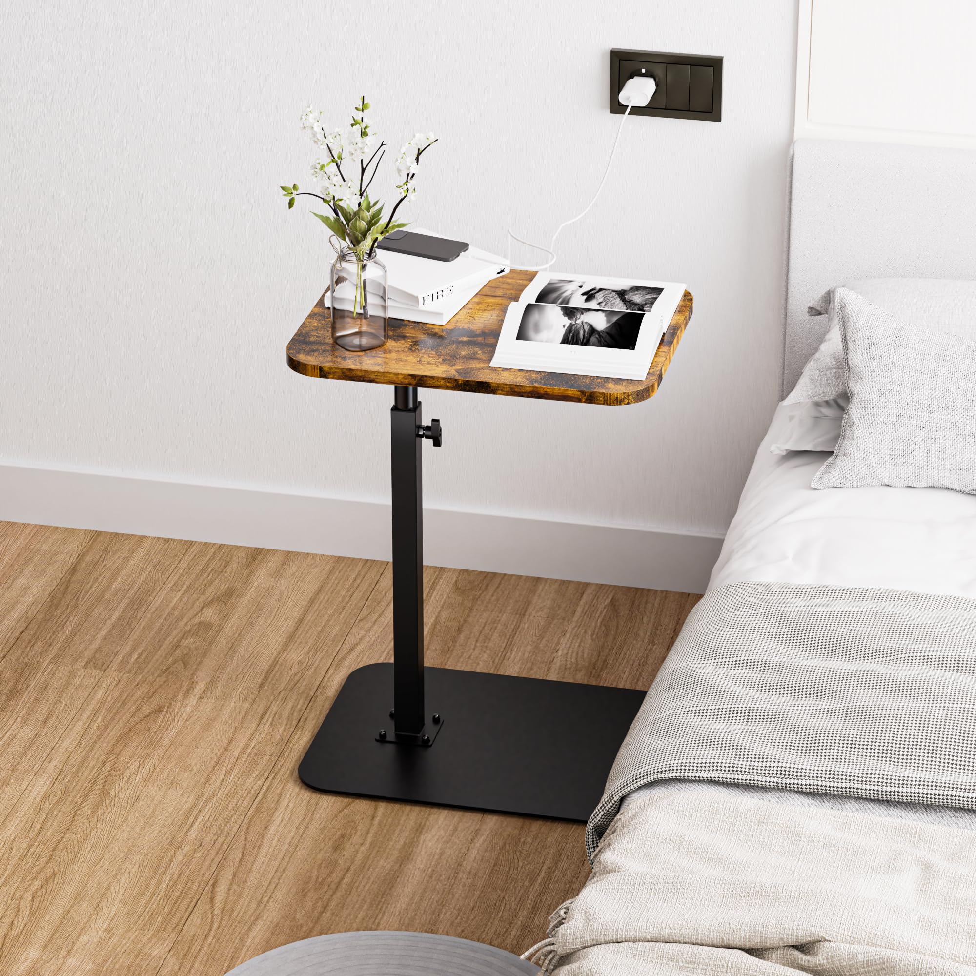 Heavy Duty Swivel Adjustable Height C-Shaped Side Table - Sofa Tray with Metal Base for Couch, Bed, Bathroom & Study | Multi-Functional TV Tray for Eating, Snacks, Laptop & Drinks | Perfect for Living Room, Bedroom & Small Spaces
