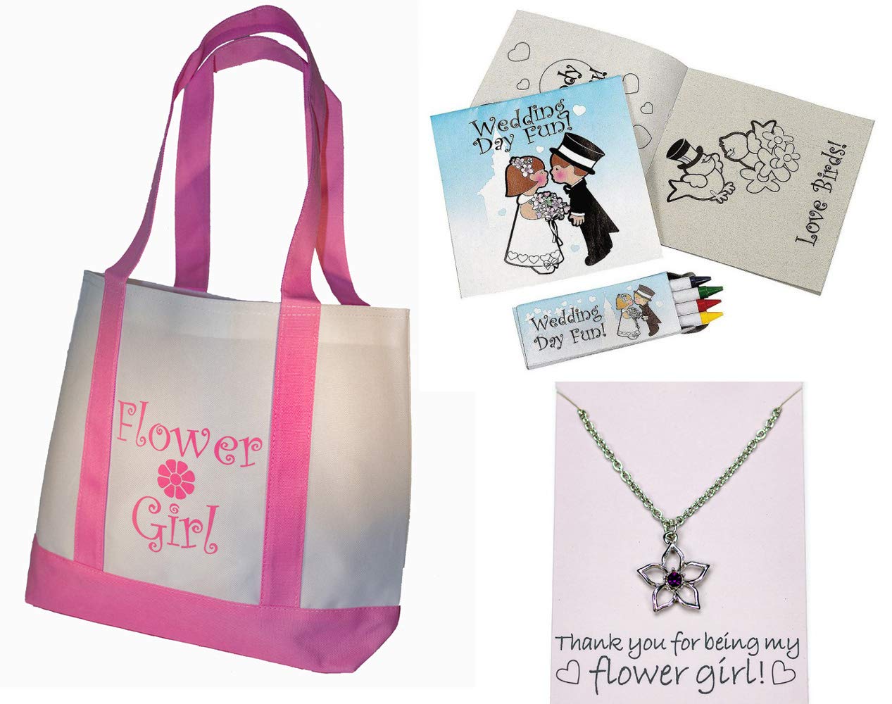 Best Flower Girl Gift Set - Tote Bag, Metal Necklace & Activity Kit for Weddings | Perfect for Flower Girls, Ring Bearers & Bridal Party Accessories
