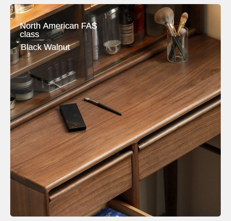 Luxury Black Walnut Solid Wood Vanity Dressing Table with Mirror - Perfect for Bedroom, Makeup & Beauty Organization