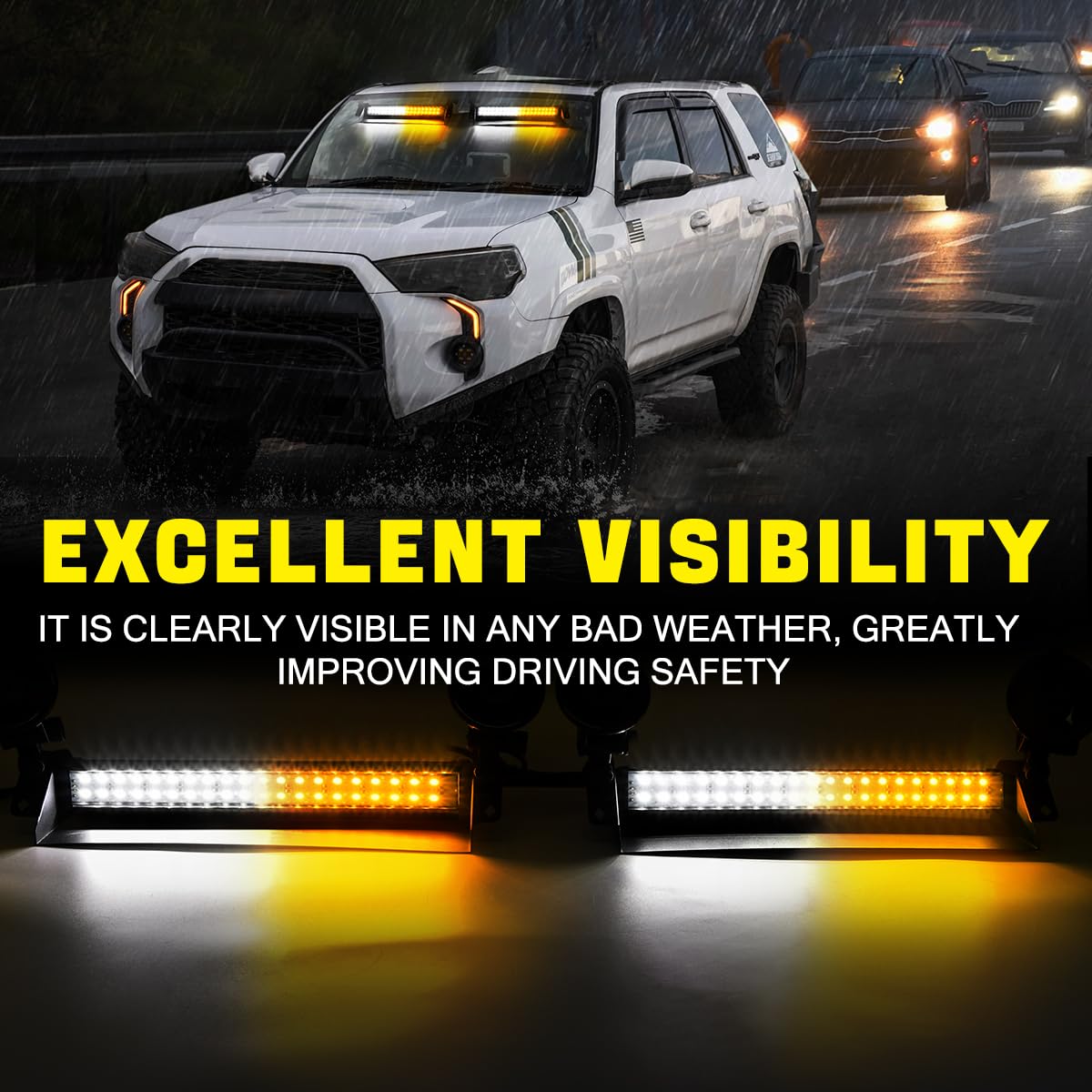 80 LED Emergency Dash Strobe Light Bar for Trucks - 2x14 Inch Amber/White Hazard Warning Lights - Interior Windshield Visor Flashing Safety Lights for Construction Vehicles & Emergency Scenes - Perfect for Roadside Assistance, Traffic Control, and Nighttime Visibility
