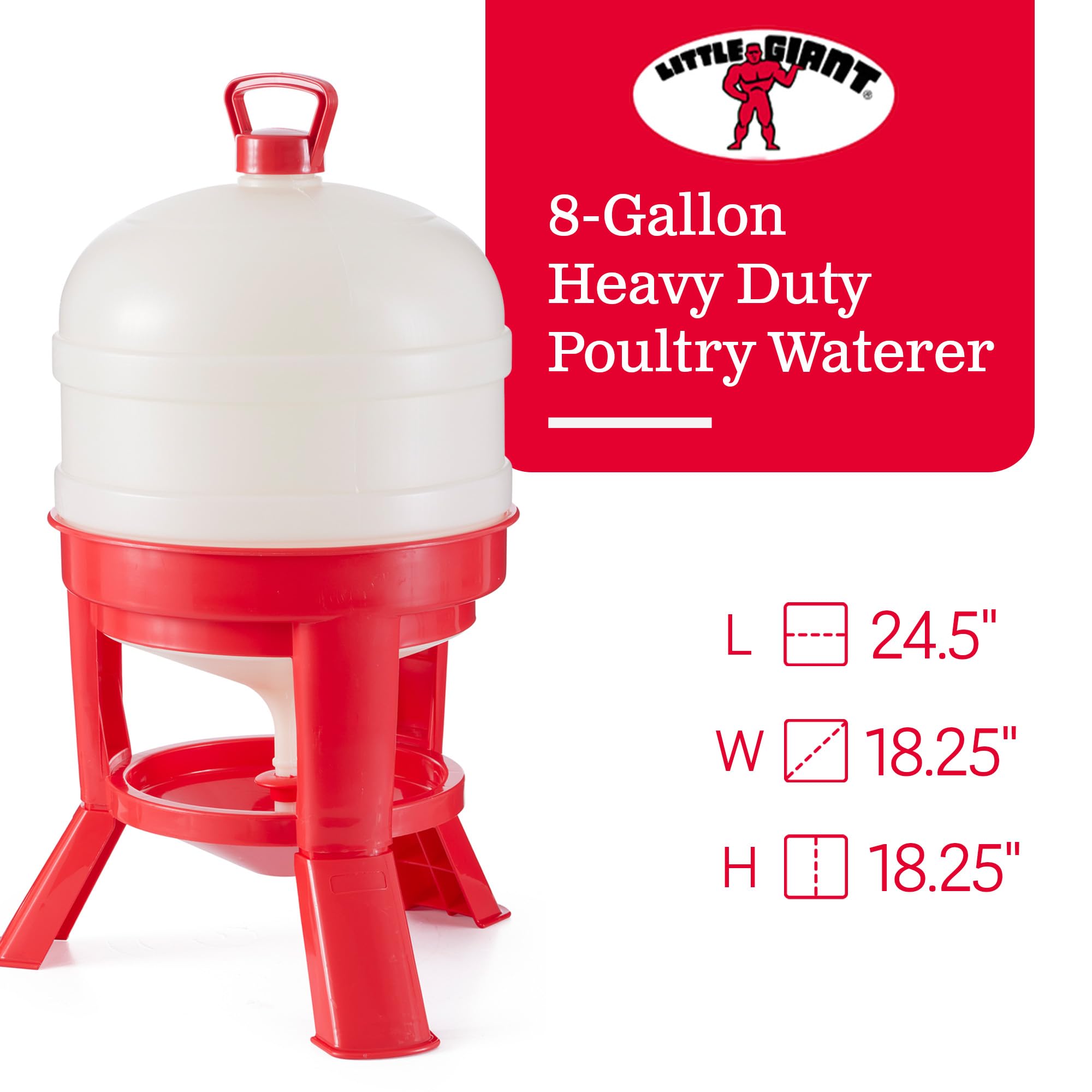 Little Giant DOMEWTR8 8 Gallon Heavy Duty Plastic Poultry Waterer with 3-Footed Stand - Automatic Chicken Water Dispenser for Coops & Backyard Flocks (Red, 2 Pack) - Ideal for Poultry Farming, Chicken Coops & Outdoor Use