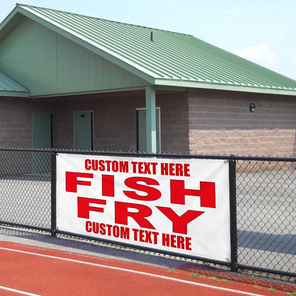 Custom Vinyl Banner - Durable Weatherproof Outdoor Sign with 4 Grommets (12x30 Inches & Multiple Sizes) - Perfect for Fish Fry Events, Red Food Bars, Restaurants, Food Trucks & Seafood Markets | Personalized Text Available for Business Promotion & Yard Signs