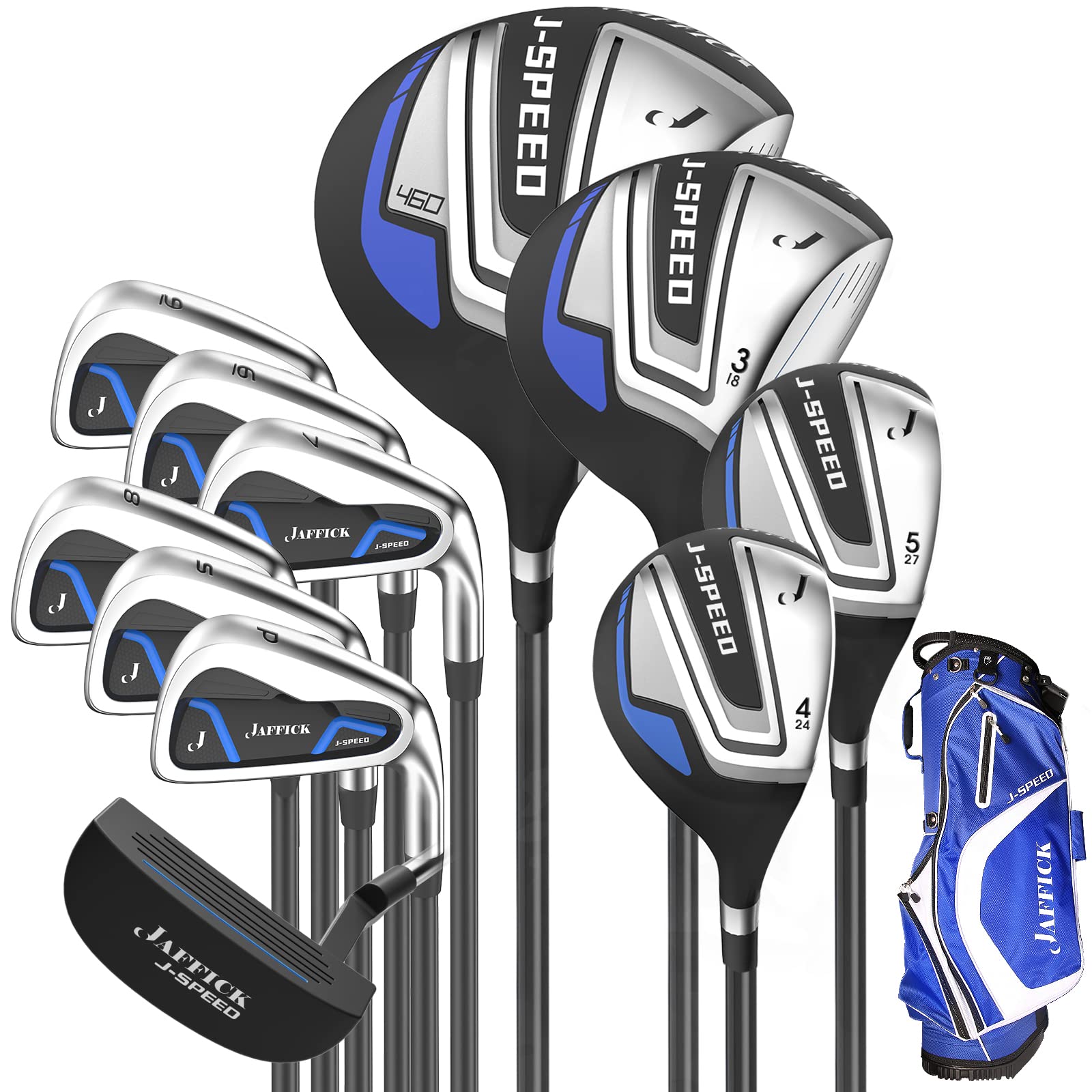 Jaffick 12-Piece Complete Golf Club Set for Men - Includes #3 Driver, Fairway Woods, 4 & 5 Hybrids, 6-9 Irons, Pitching & Sand Wedge, Putter & Stand Bag - Perfect for Beginners & Intermediate Golfers on the Course