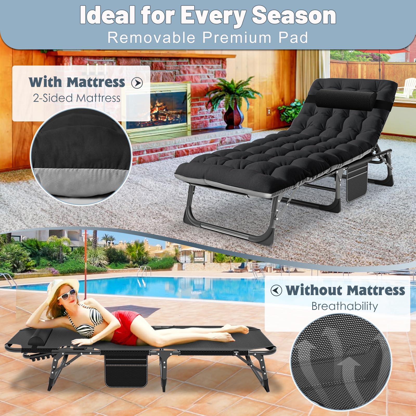 Slsy 5-Position Folding Chaise Lounge Chair for Adults - Portable Outdoor Sleeping Cot for Beach, Camping, Pool & Lawn - Perfect for Sun Tanning, Relaxing & Travel