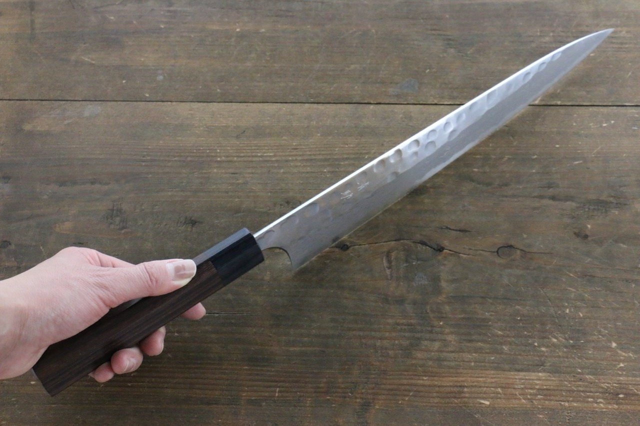 Premium Seisuke Blue Steel No.2 Hammered Damascus Yanagiba Sushi Knife 270mm with Shitan Handle - Professional Japanese Sushi & Sashimi Preparation for Chefs & Home Cooks