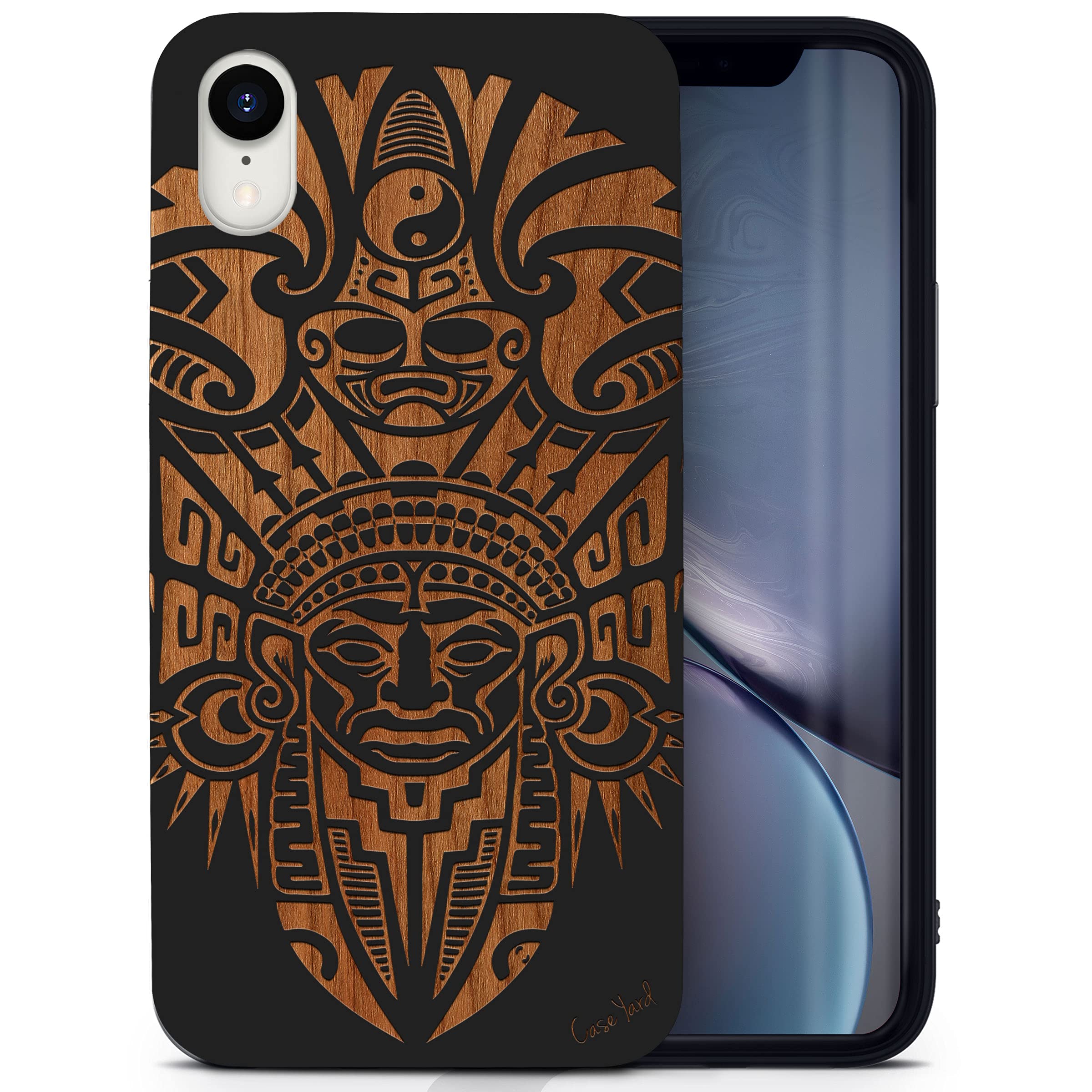 Wooden iPhone XR Case with Laser Engraved Tribal Indian Mask Design - Shockproof Slim Fit Protective Phone Cover for Men & Women - Perfect for Outdoor Adventures, Travel & Daily Use