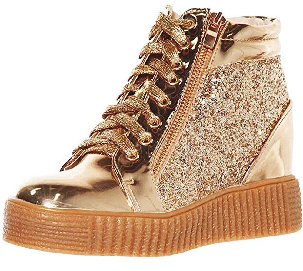 Shoewhatever Women's Metallic Glitter High Top Lace Up Wedge Heel Sneakers - Stylish Platform Fashion Shoes for Party, Night Out & Casual Wear
