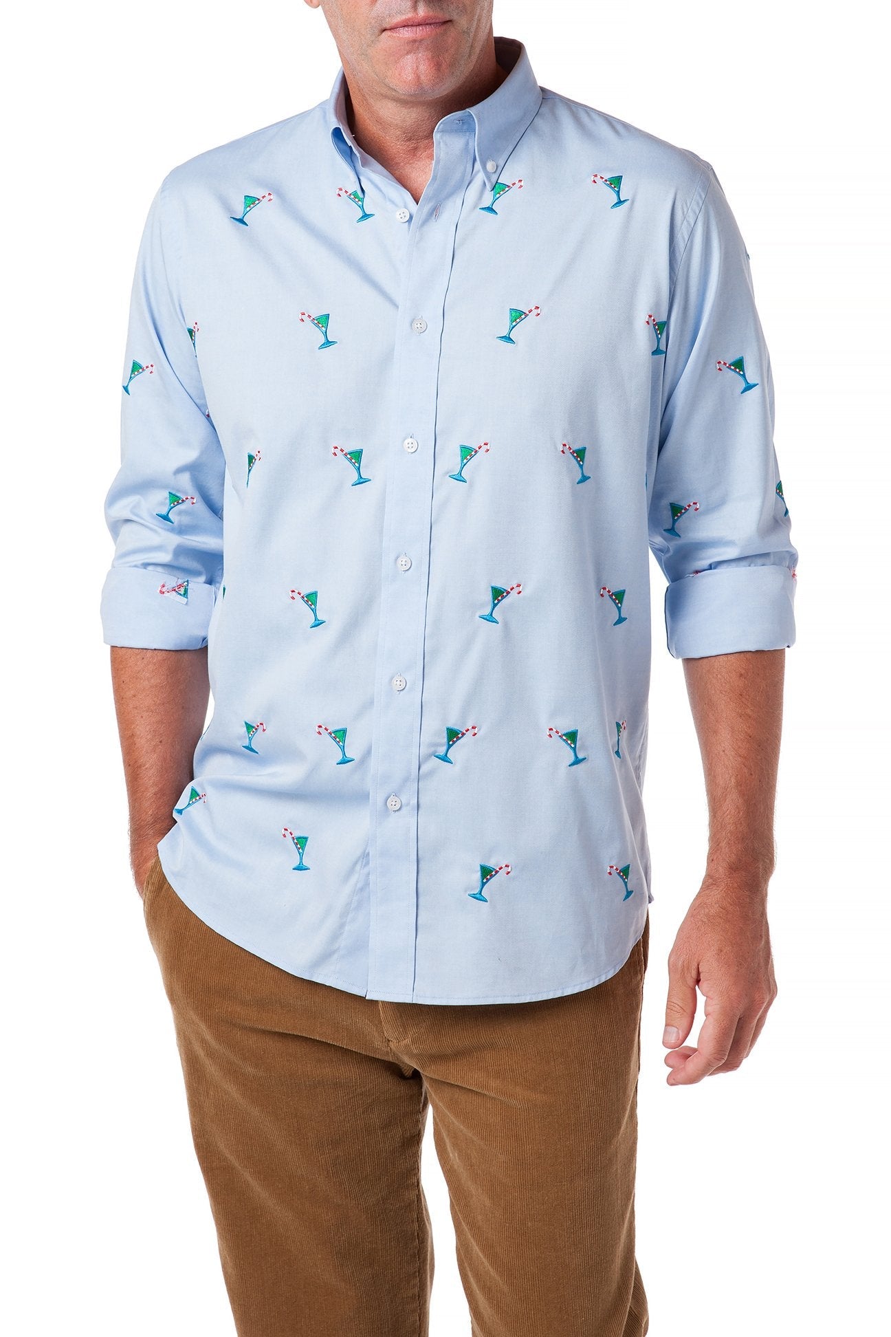 Straight Wharf Men's Blue Oxford Shirt with Martini Candy Cane Print - Perfect for Casual Wear, Office & Holiday Parties
