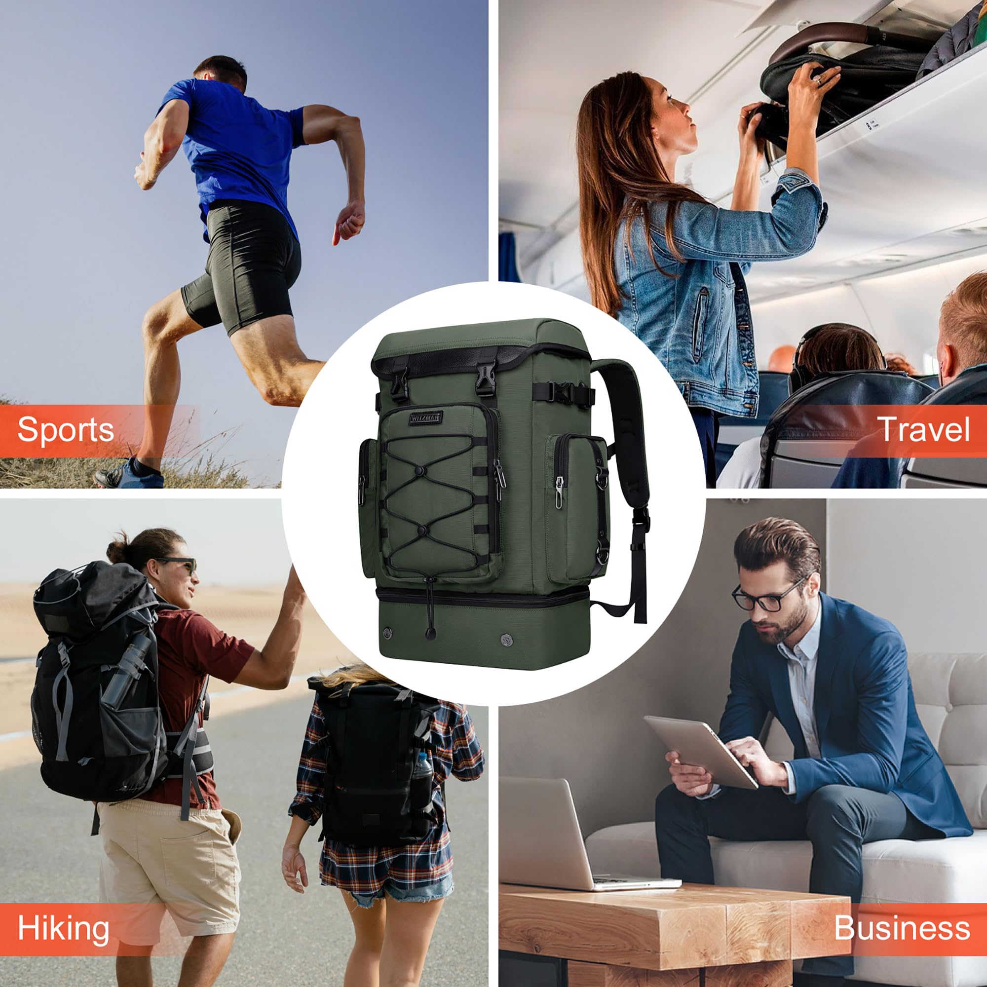 WITZMAN Travel Backpack for Men & Women - Airline Approved Carry On Backpack with Shoe Compartment & Convertible Duffle Design (B691 Light Green) - Perfect for Business Trips, Weekend Getaways & Gym Use