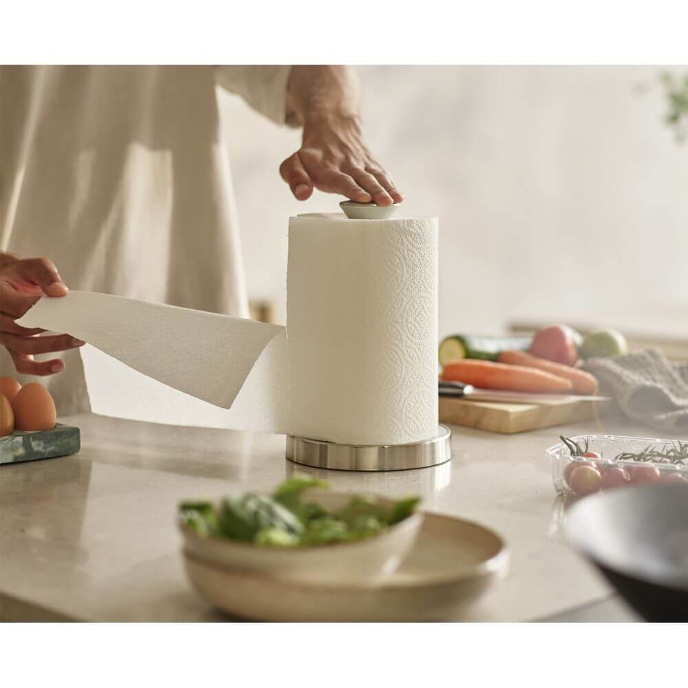 Joseph Joseph Push & Tear Paper Towel Holder - Stone Gray - Space Saving Kitchen Organizer for Countertops, Under Cabinet - Perfect for Small Kitchens, RVs & Camping