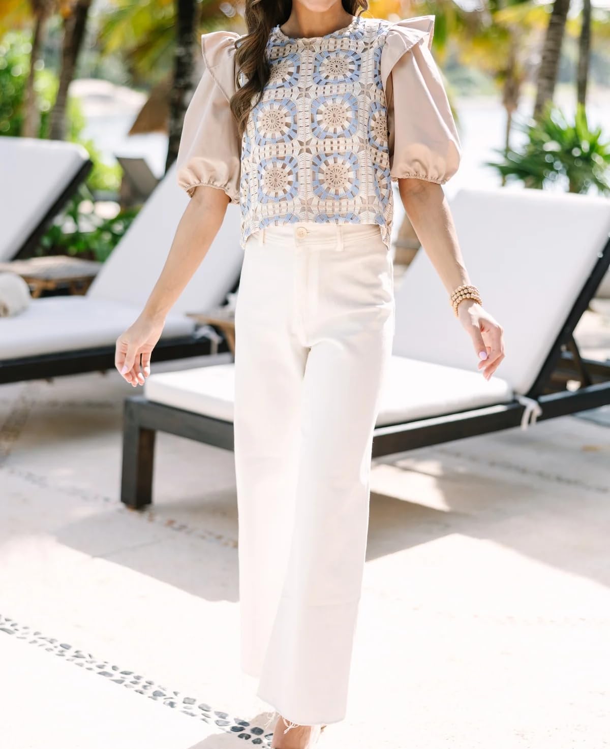 Women's Crochet Crop Top Summer Floral Eyelet Boho Blouse - Cute Ruffle Sleeve Round Neck Casual T-Shirt for Beach, Music Festivals & Date Nights