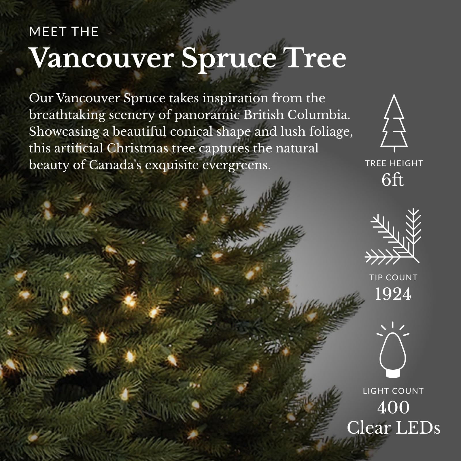 Balsam Hill 6ft Pre-Lit Vancouver Spruce Artificial Christmas Tree with 500 LED Clear Lights - Perfect for Living Room, Office & Holiday Decorations