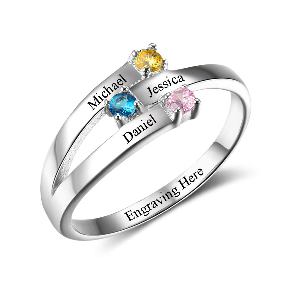 Personalized Women's Rings with 3 Simulated Birthstones & Engraved Names - Custom Mother's Rings, Promise Rings for Her - Perfect Gift for Anniversary, Birthday, Valentine's Day